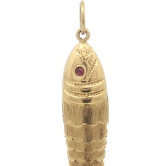 Vintage Large 18k Yellow Gold Red Eyes Articulated Flexible Large Fish Pendant