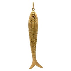 Vintage Large 18k Yellow Gold Red Eyes Articulated Flexible Large Fish Pendant
