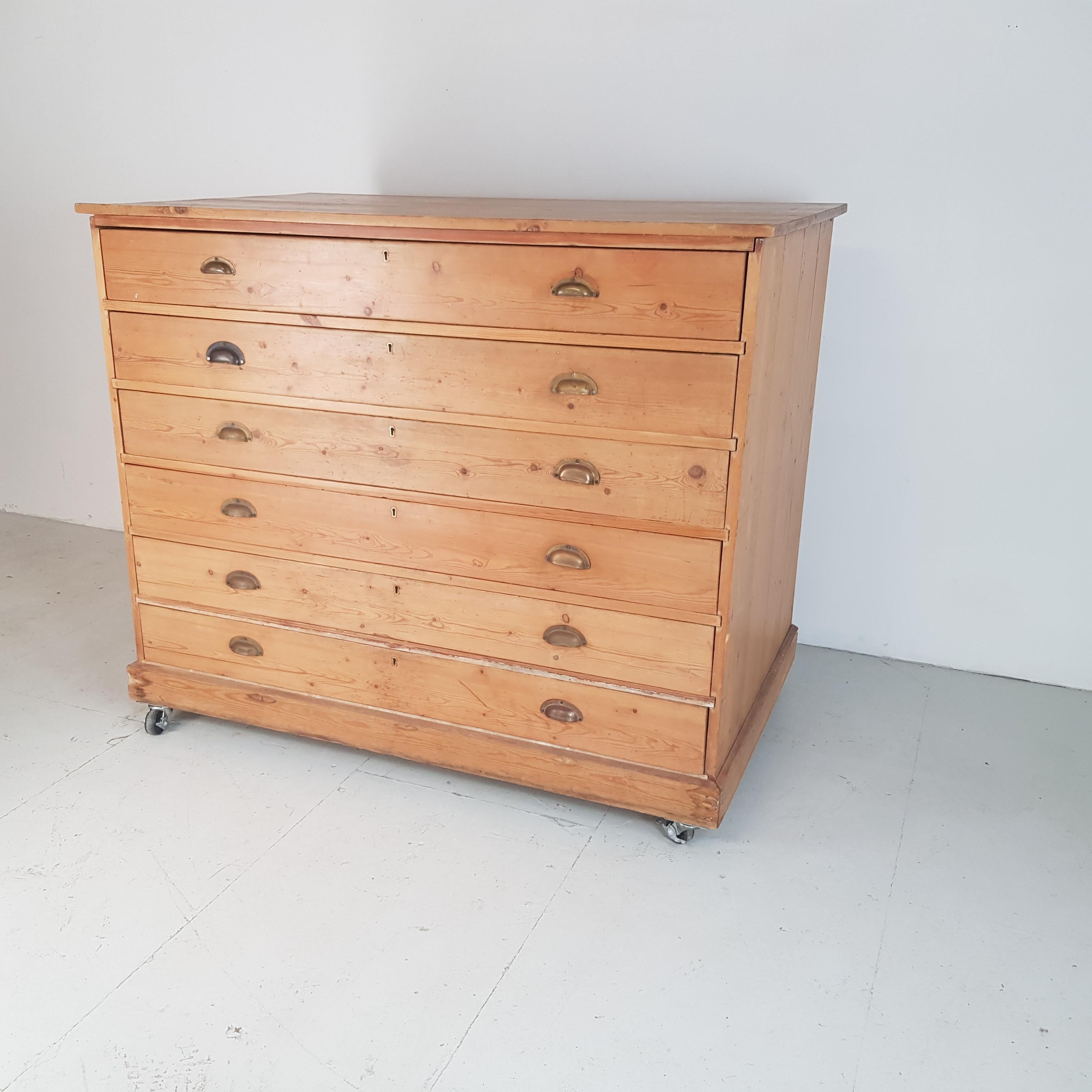 Mid-20th Century Vintage Large 1930s Plan Chest with Brass Handles For Sale