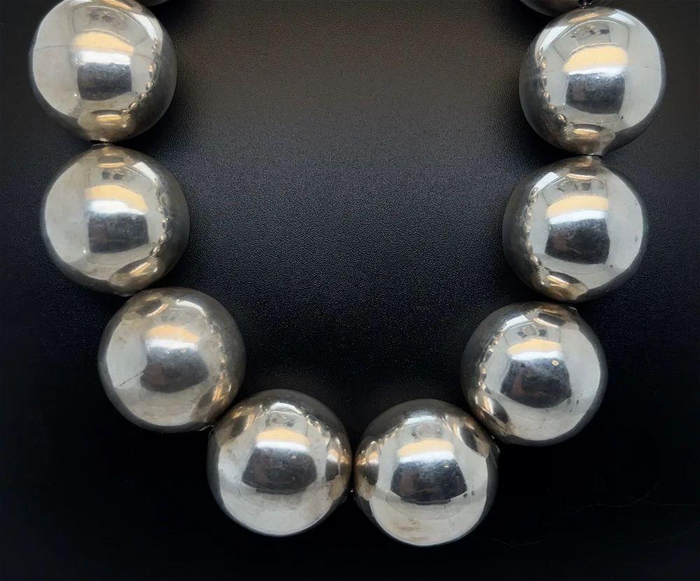 Simply Beautiful! Vintage Show Stopper Long Large Round Sterling Silver 925 Beads Necklace. Each Bead measuring approx. 22.5mm; Clasp held necklace. The Necklace measures approx. 29” long. More Beautiful in real time! Sure to be admired…A piece