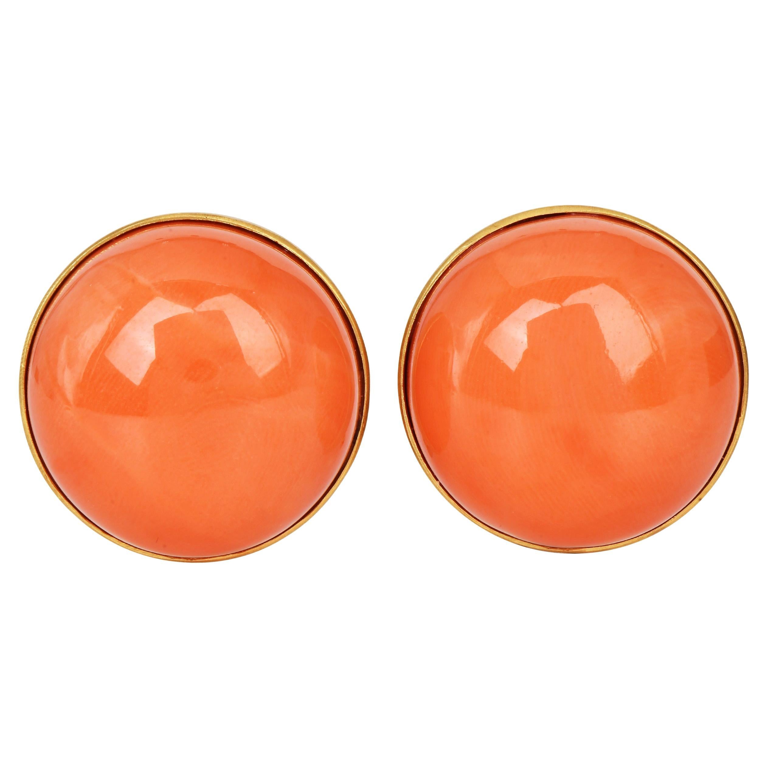 Vintage Large 23mm Natural Coral 18K Gold Statement Earri