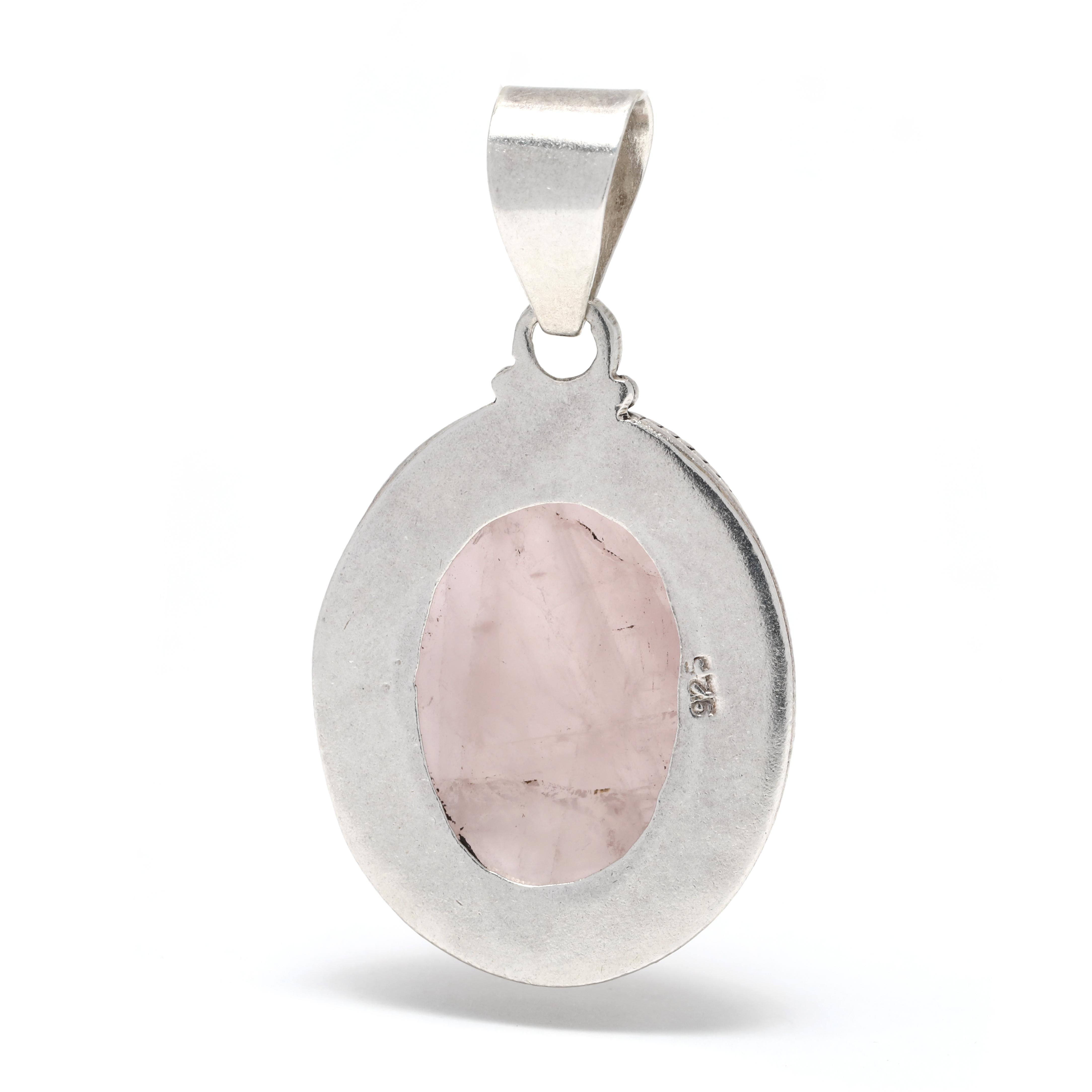 Oval Cut Vintage Large 35ct Rose Quartz Pendant, Sterling Silver, Length 1 3/4 Inch, Pink For Sale