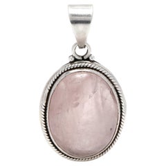 Used Large 35ct Rose Quartz Pendant, Sterling Silver, Length 1 3/4 Inch, Pink