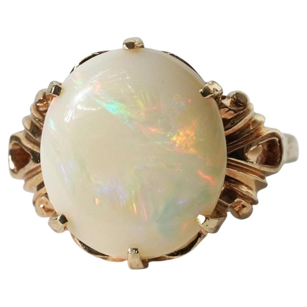 Vintage Large 4.35ct Australian Solid White Opal 10K Gold Cocktail Ring O / 7