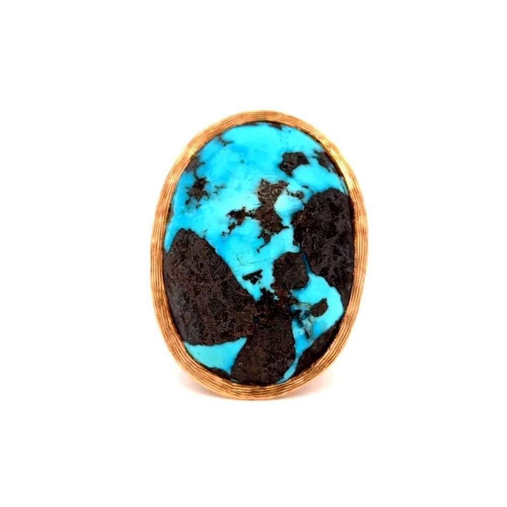 Modernist Vintage Large 50 Carat Turquoise Detailed Gold Statement Ring For Sale