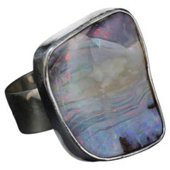 Vintage Large 50ct Australian Solid Boulder Opal Sterling Silver Ring U / 10
