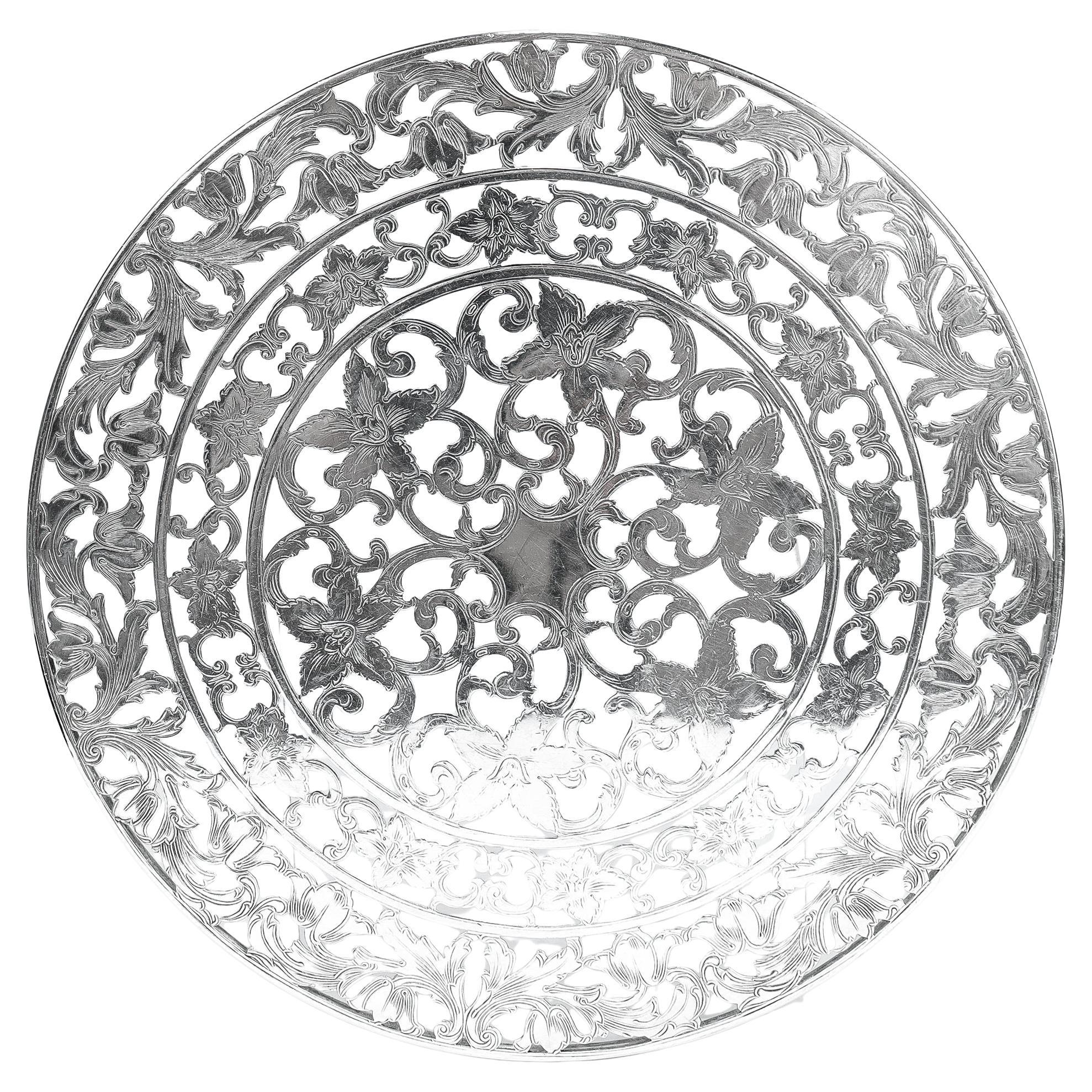 Vintage Large 8" Webster Co Silver Overlay & Glass Wine Coaster or Table Trivet