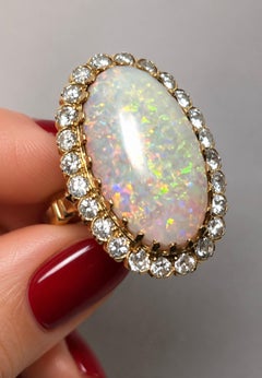 Vintage Large 8.50 carats Australian White Opal Diamond Cluster Ring in 18K Gold
