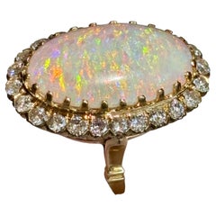 Vintage Large 8.50 carats Australian White Opal Diamond Cluster Ring in 18K Gold