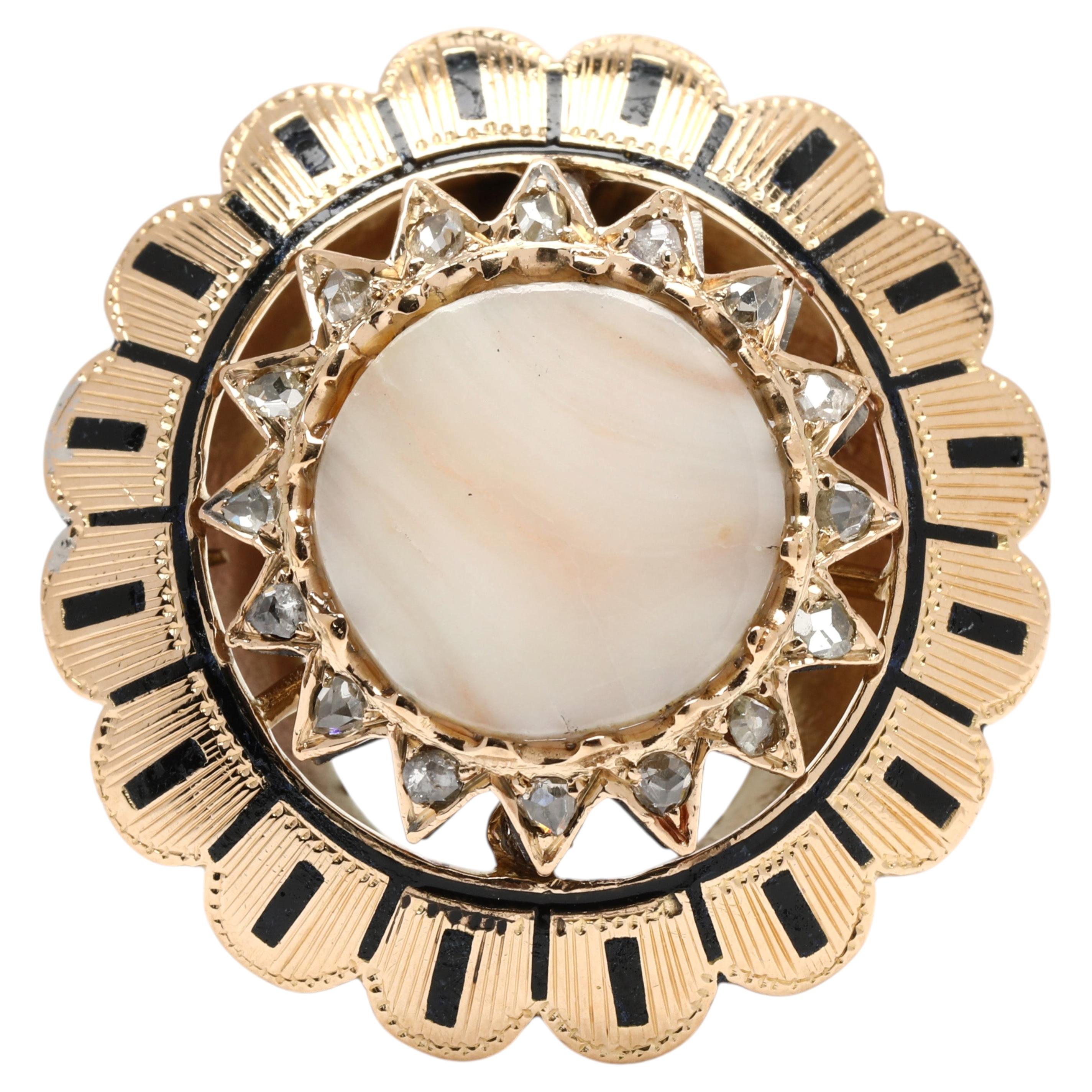 Vintage Large Agate & Diamond Statement Rig, 14k Yellow Gold, Ring Size 5