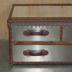 ViNTAGE LARGE ALUMINIUM & BROWN LEATHER AVIATOR COFFEE TABLE STORAGE TRUNK CHEST