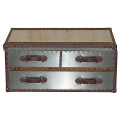 ViNTAGE LARGE ALUMINIUM & BROWN LEATHER AVIATOR COFFEE TABLE STORAGE TRUNK CHEST
