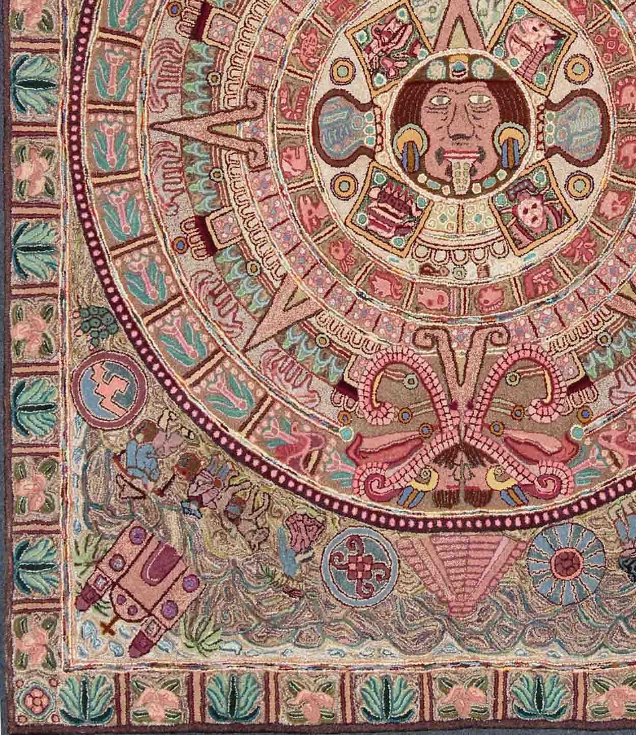 This very unusual American hook rug features an Aztec calendar design in the center and figures from Chichen Itza, Mayan Ruins, and life in the countryside in Central and South America. 
Measures: 8'1 x 10'4.