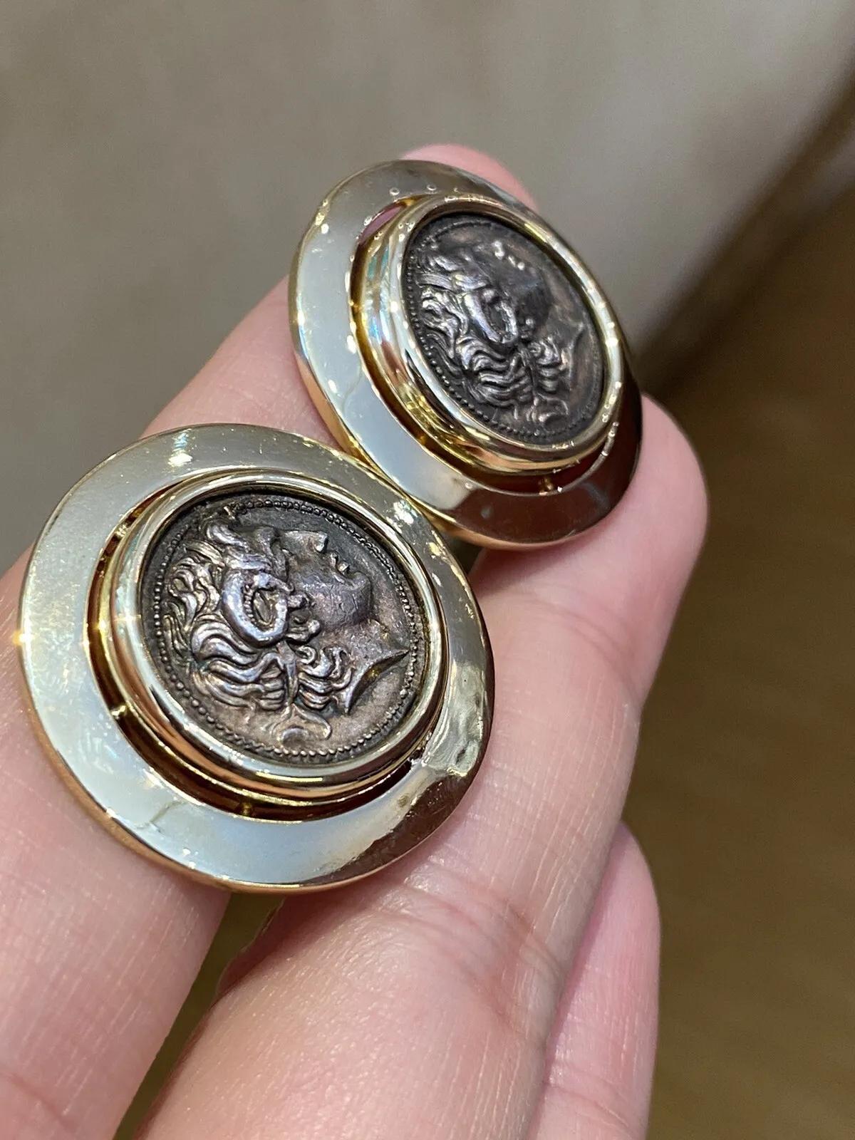 Vintage Large Ancient Coin Button Earrings in 18k Yellow Gold In Excellent Condition For Sale In La Jolla, CA
