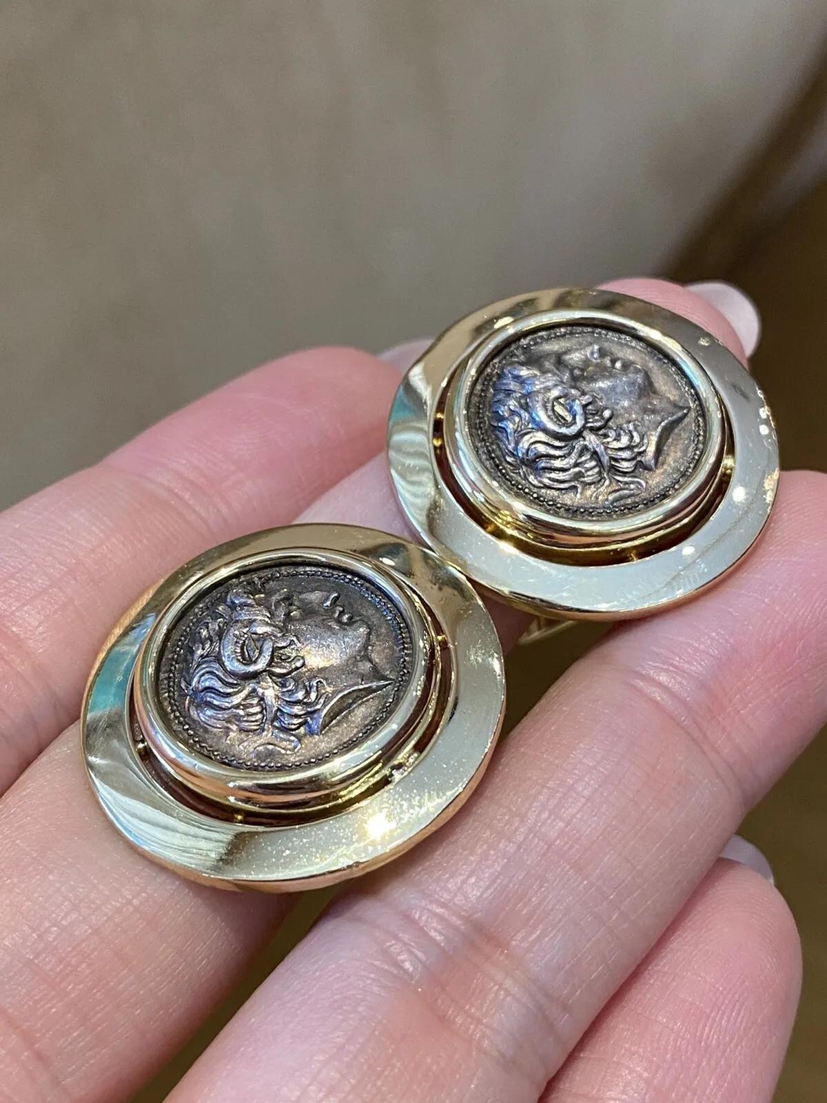 Women's Vintage Large Ancient Coin Button Earrings in 18k Yellow Gold For Sale