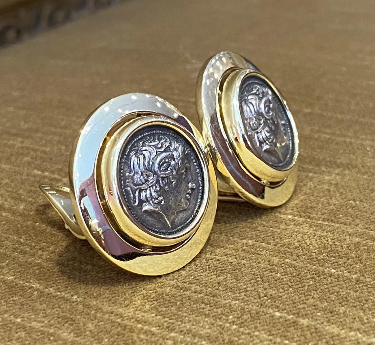 Vintage Large Ancient Coin Button Earrings in 18k Yellow Gold For Sale 2