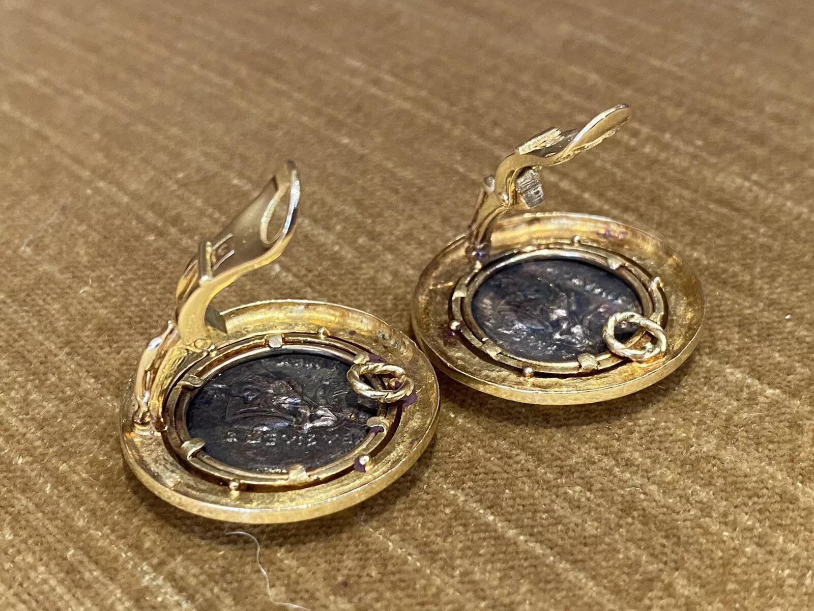 Vintage Large Ancient Coin Button Earrings in 18k Yellow Gold For Sale 3