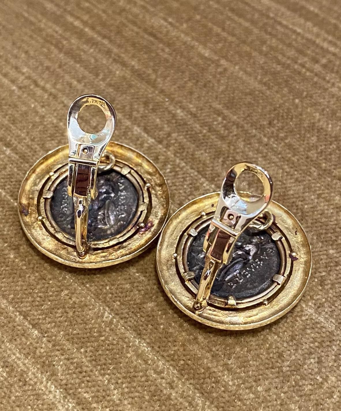 Vintage Large Ancient Coin Button Earrings in 18k Yellow Gold For Sale 4