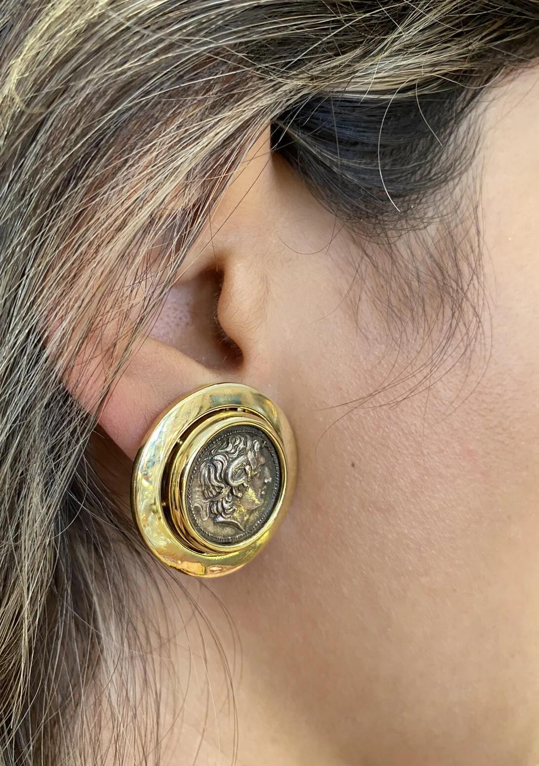 Vintage Large Ancient Coin Button Earrings in 18k Yellow Gold For Sale 5