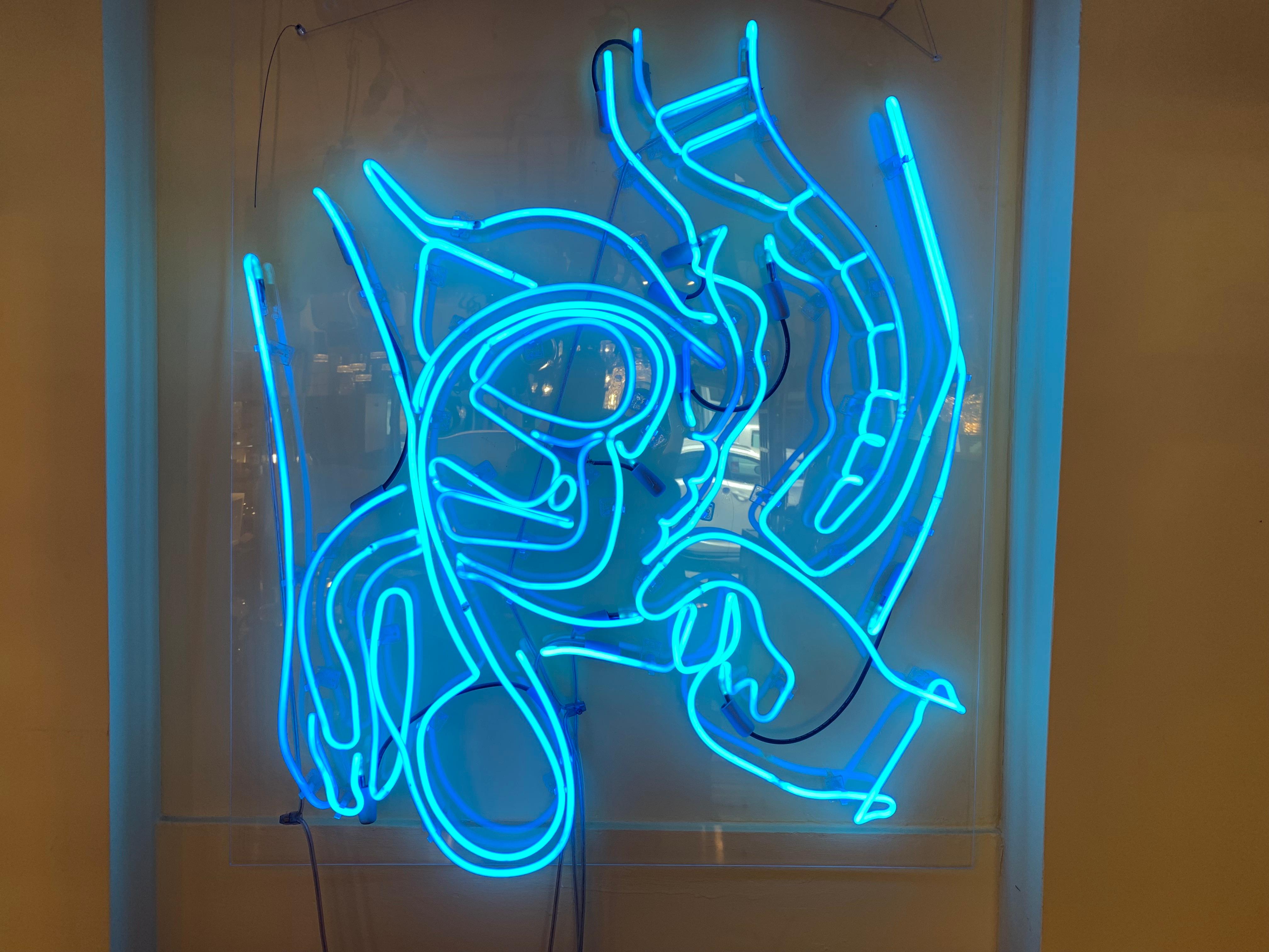 A rather unusual large vintage blue neon by artist Anthony James. The neon depicts a cross-section of a prostate examination. Bought by the late Laurence Isaacson at auction in New York in 2005.

Anthony James is a British/ American artist based