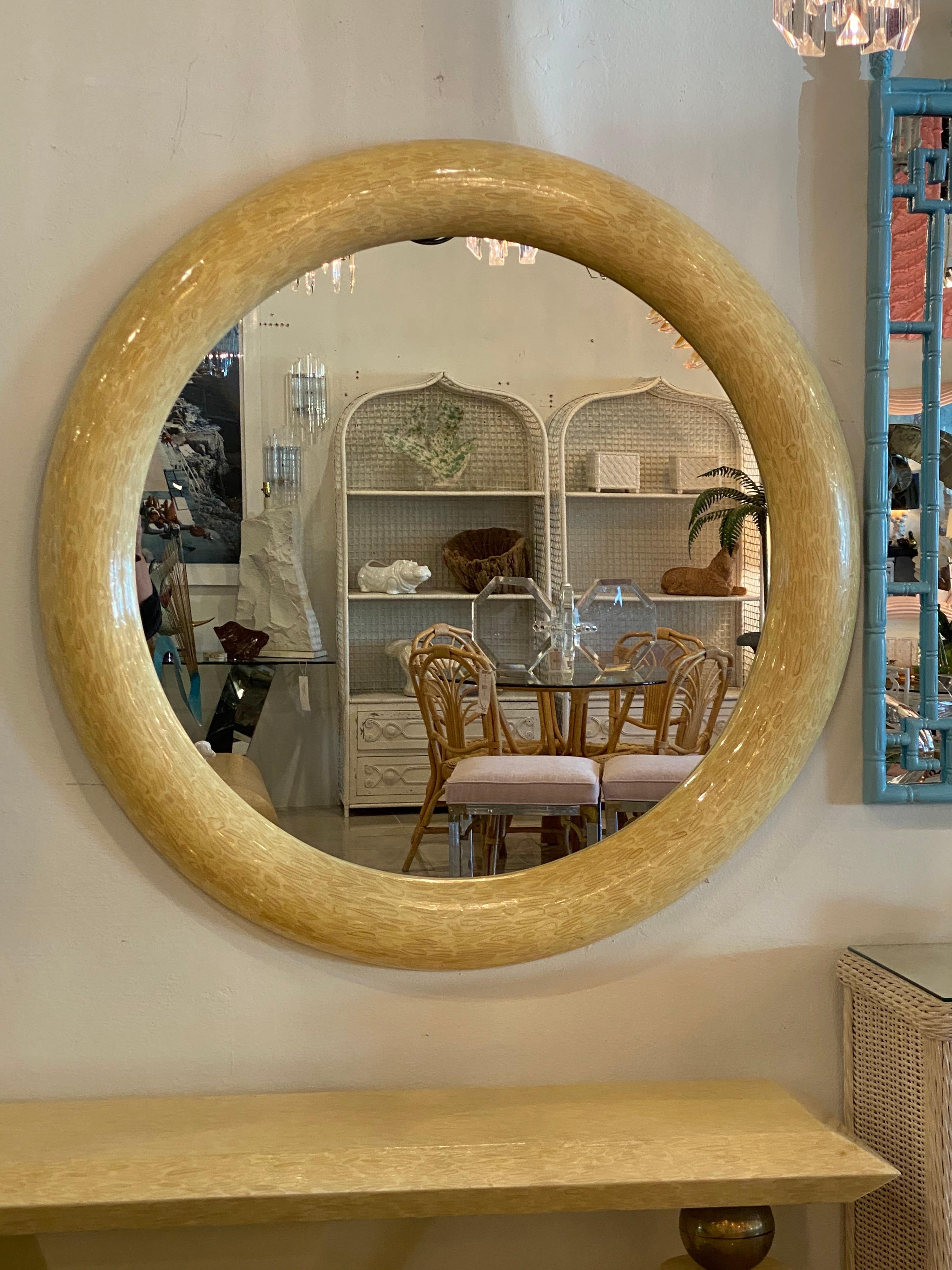 Large vintage round antler bone wall mirror in the style of Enrique Garcel. Matching console table listed separately.