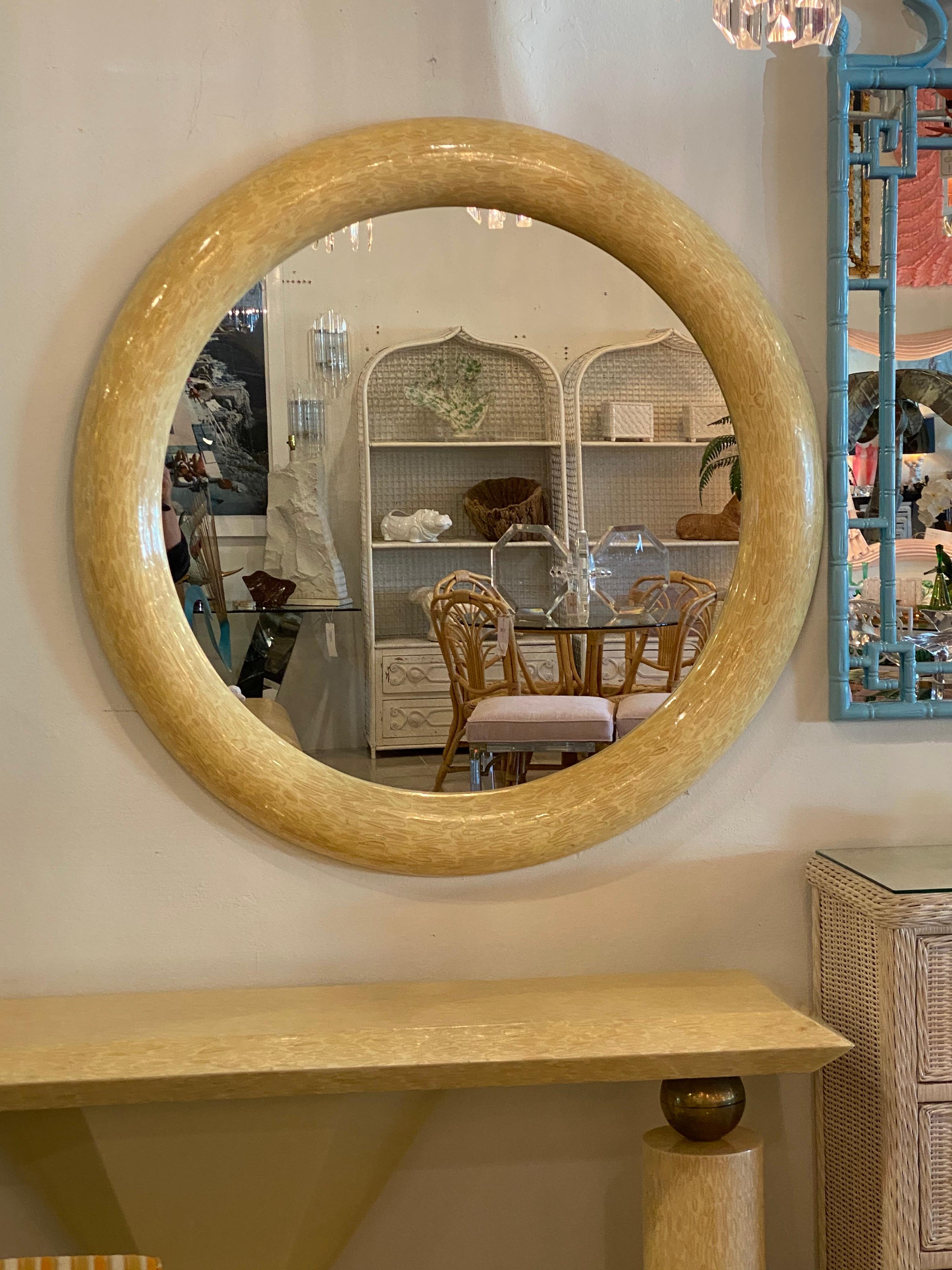 Hollywood Regency Vintage Large Antler Bone Round Mirror in the Style of Enrique Garcel