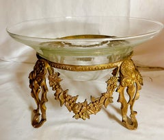 Vintage Large Art Glass Bowl Tazza Centerpiece Bowl in Brass Stand
