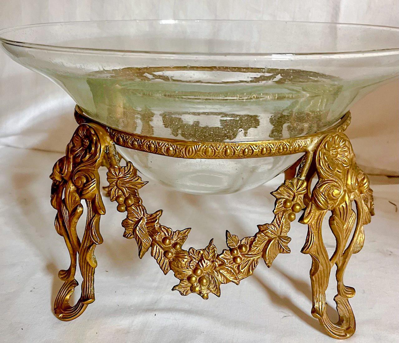 Mid-Century Modern Vintage Large Art Glass Bowl Tazza Centerpiece Bowl in Brass Stand For Sale