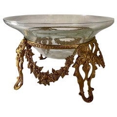 Retro Large Art Glass Bowl Tazza Centerpiece Bowl in Brass Stand