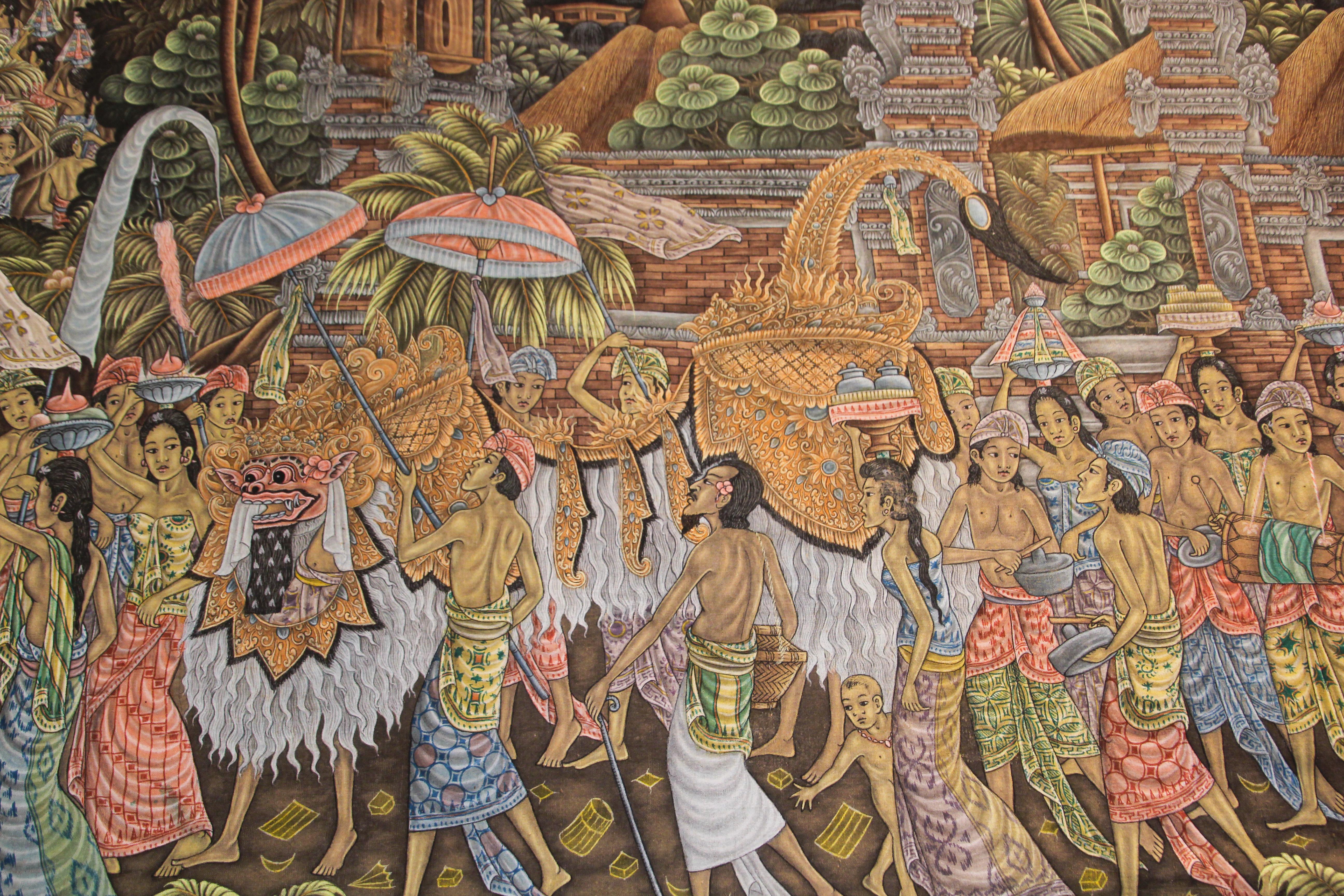 Large Vintage Balinese Painting on Silk from Ubud Bali 1960's For Sale 4