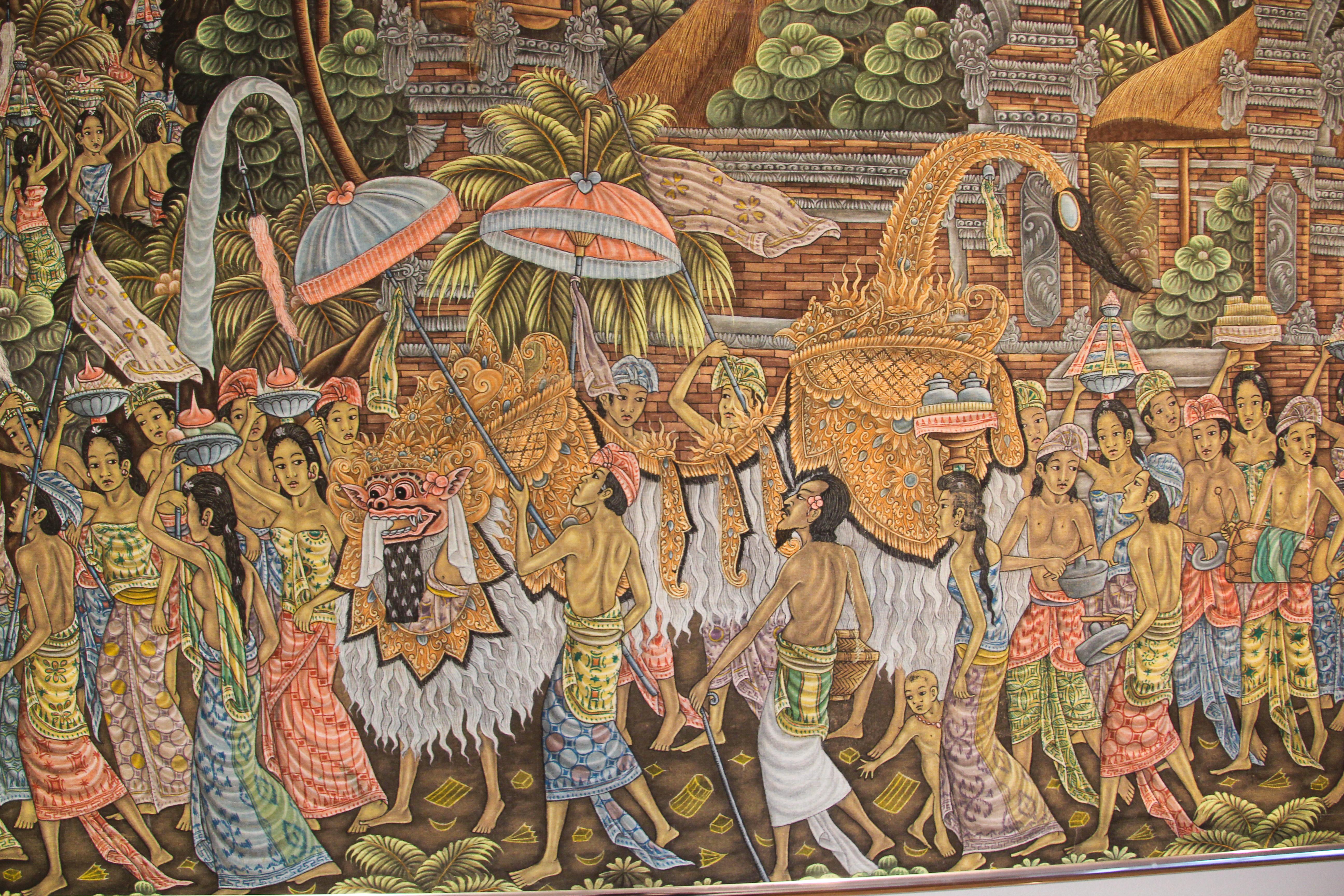 Large Vintage Balinese Painting on Silk from Ubud Bali 1960's For Sale 6
