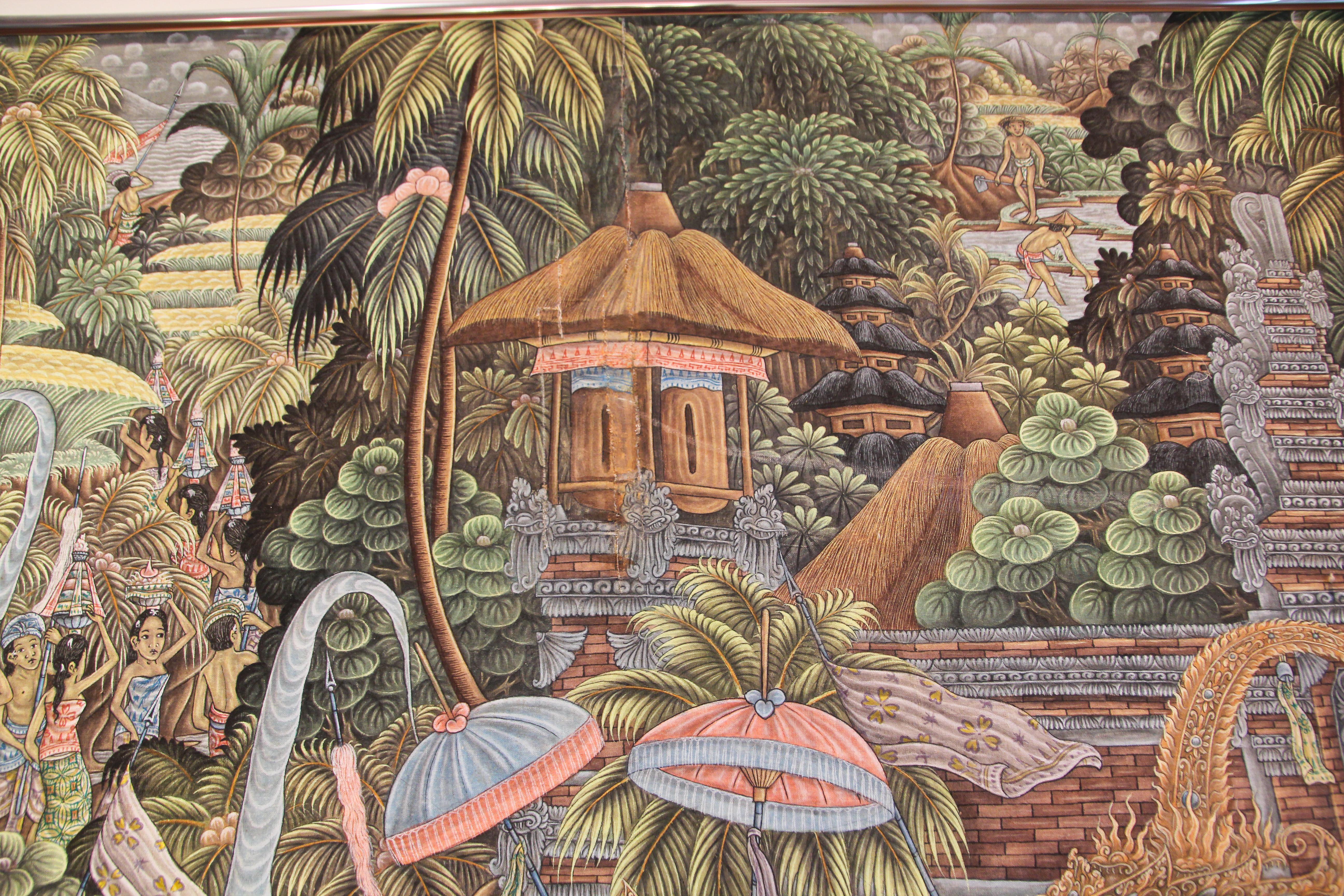 Large Vintage Balinese Painting on Silk from Ubud Bali 1960's For Sale 9