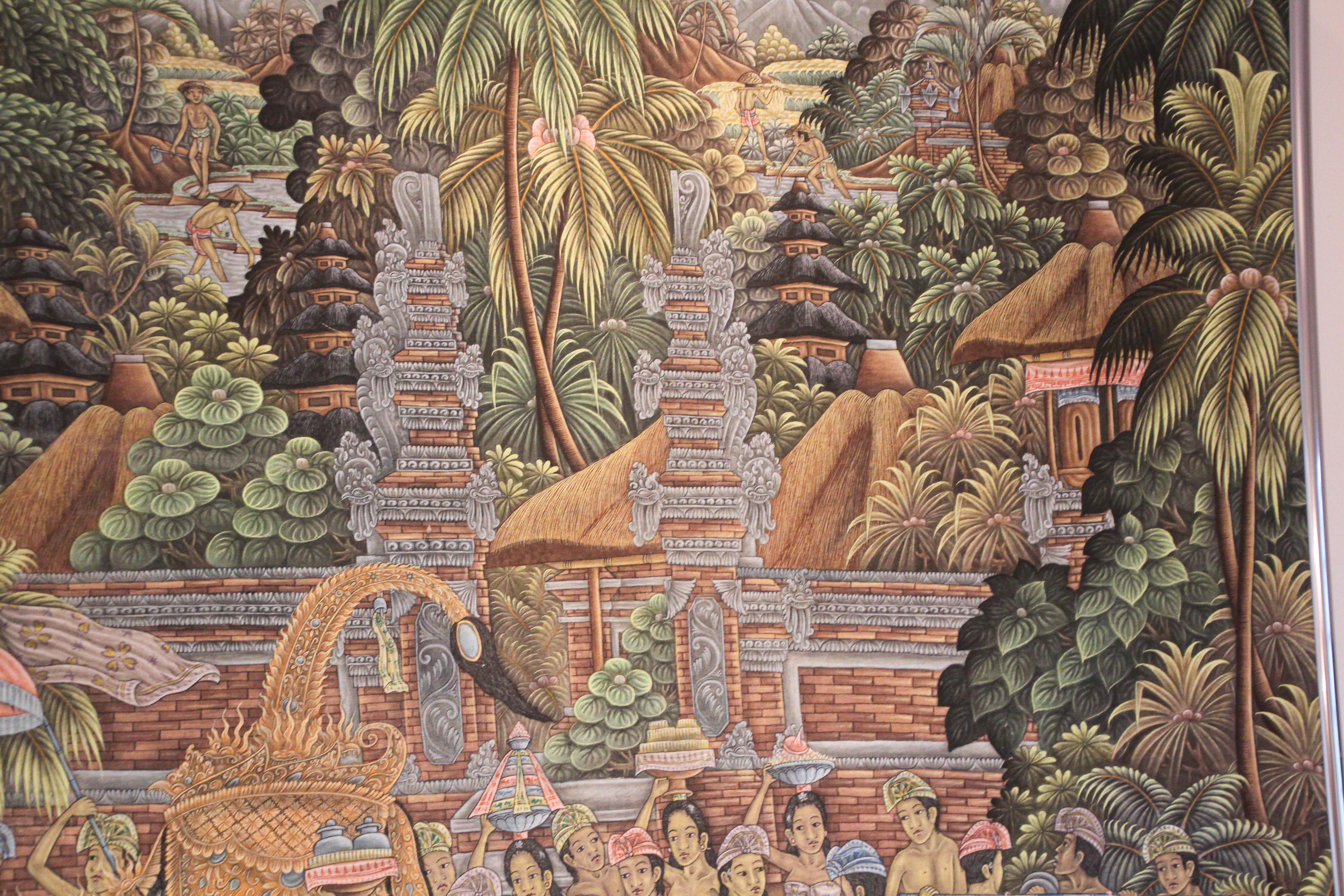 Folk Art Large Vintage Balinese Painting on Silk from Ubud Bali 1960's For Sale