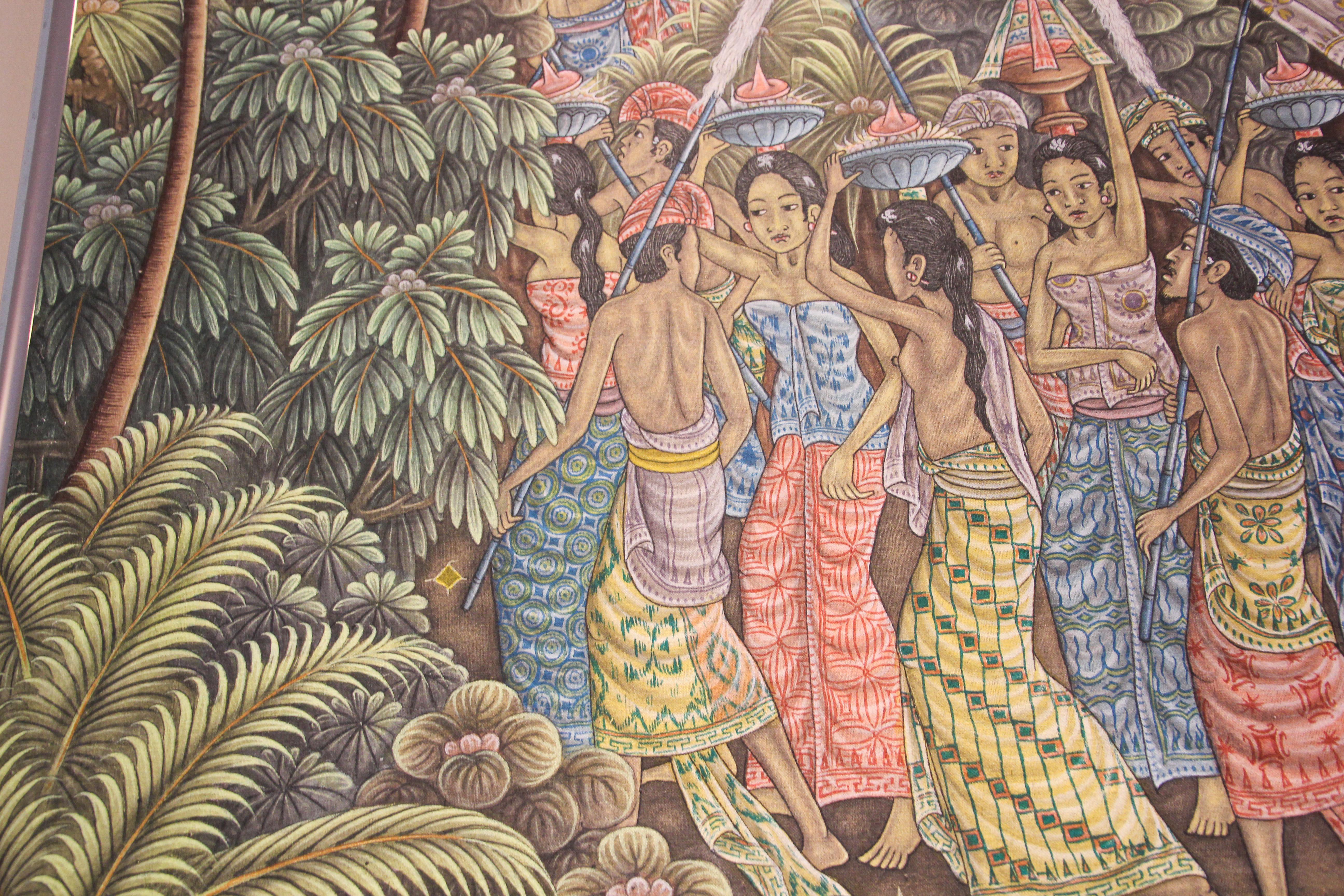 Hand-Painted Large Vintage Balinese Painting on Silk from Ubud Bali 1960's For Sale