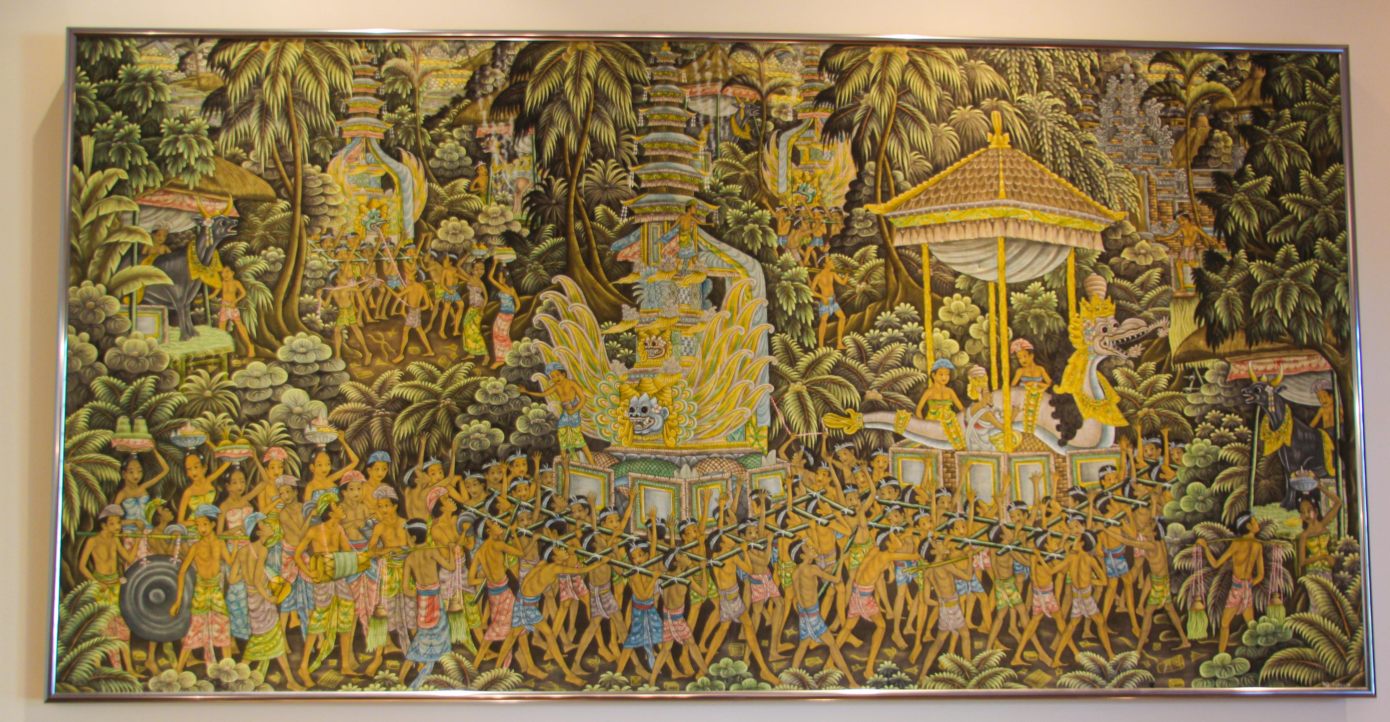 Mid-20th century Balinese painting on silk fabric, framed.
Vintage large Balinese art painting, from Ubud, Bali acrylic on silk.
Beautiful artwork by the Indonesian artist from Ubud. 
Painted in Peliatan, Ubud Bali by W. Kurpelir as signed on the