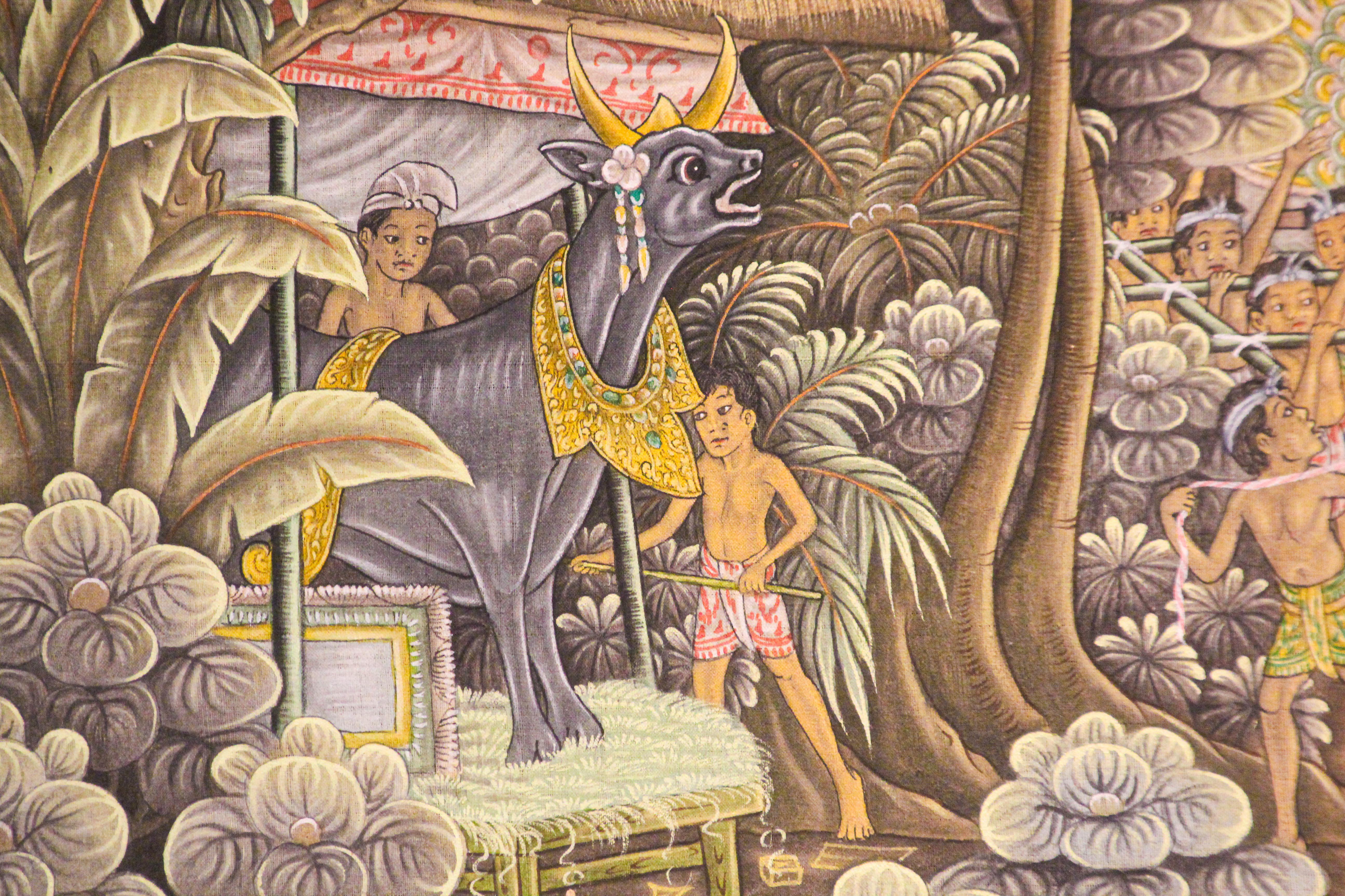 Folk Art Vintage Large Balinese Painting on Silk from Ubud Bali For Sale