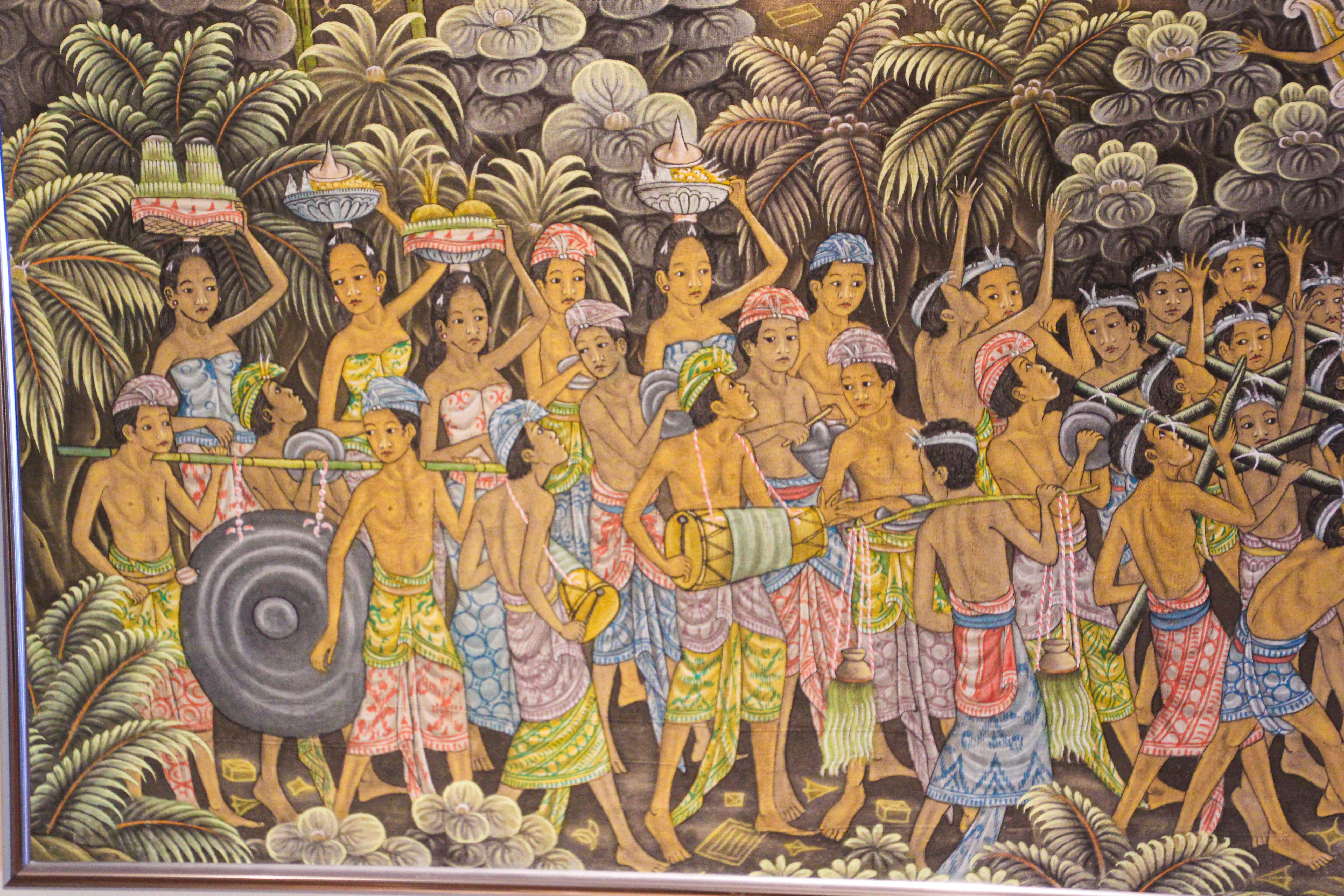 Hand-Painted Vintage Large Balinese Painting on Silk from Ubud Bali For Sale
