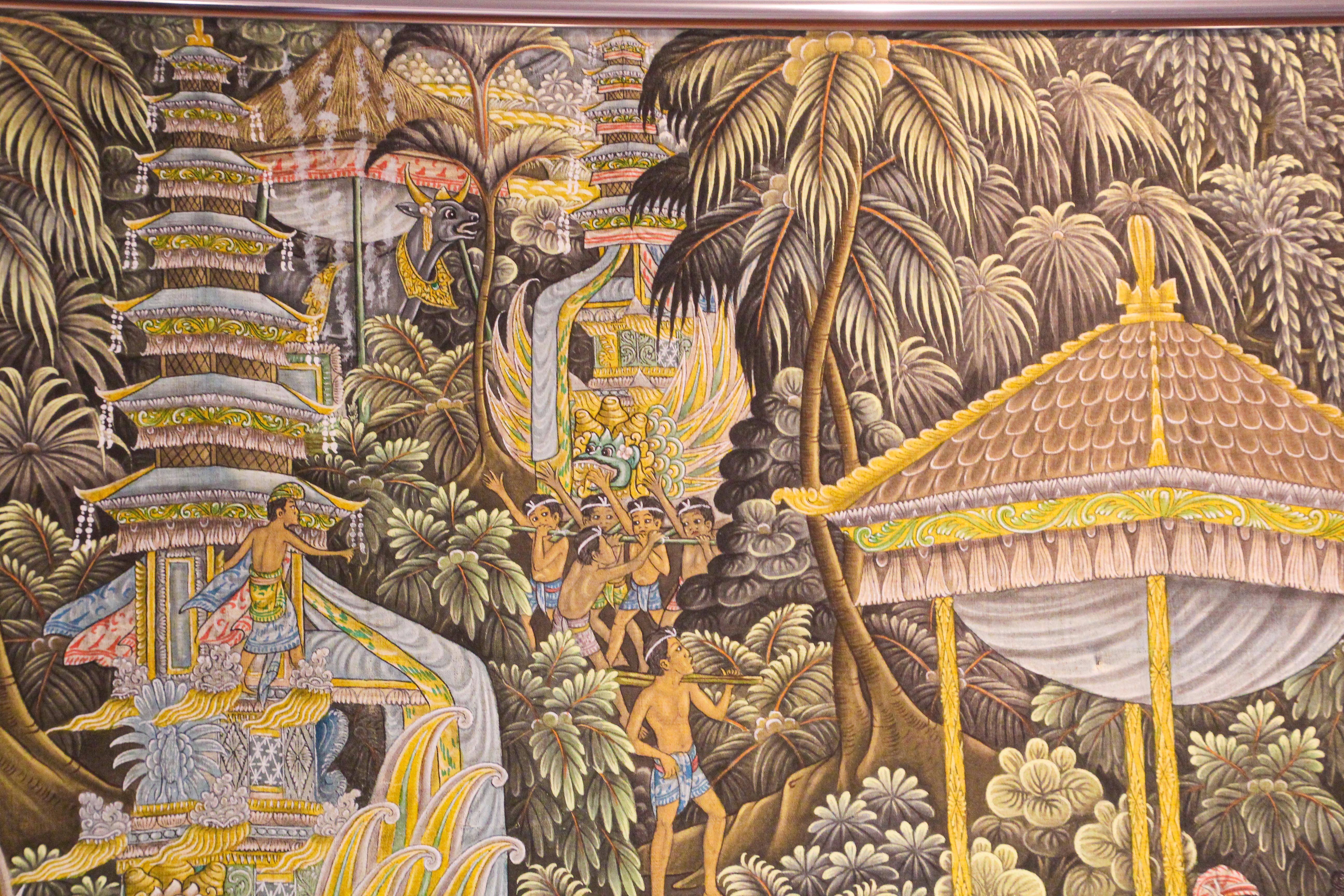 20th Century Vintage Large Balinese Painting on Silk from Ubud Bali For Sale