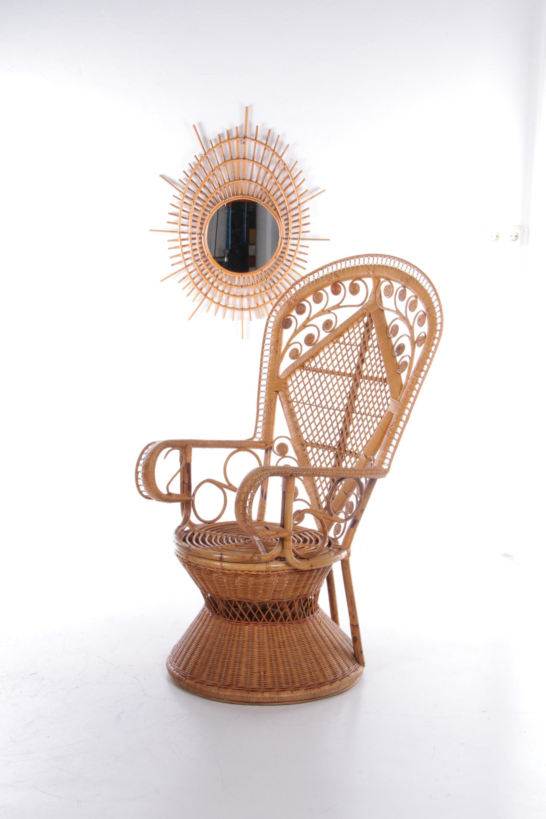 Vintage large bamboo chair 1960s France.


The world famous Emmanuelle peacock chair. The chair was produced around the 1960s in France and is a real household name within the design world and beyond.

The peacock chair got its fame through an