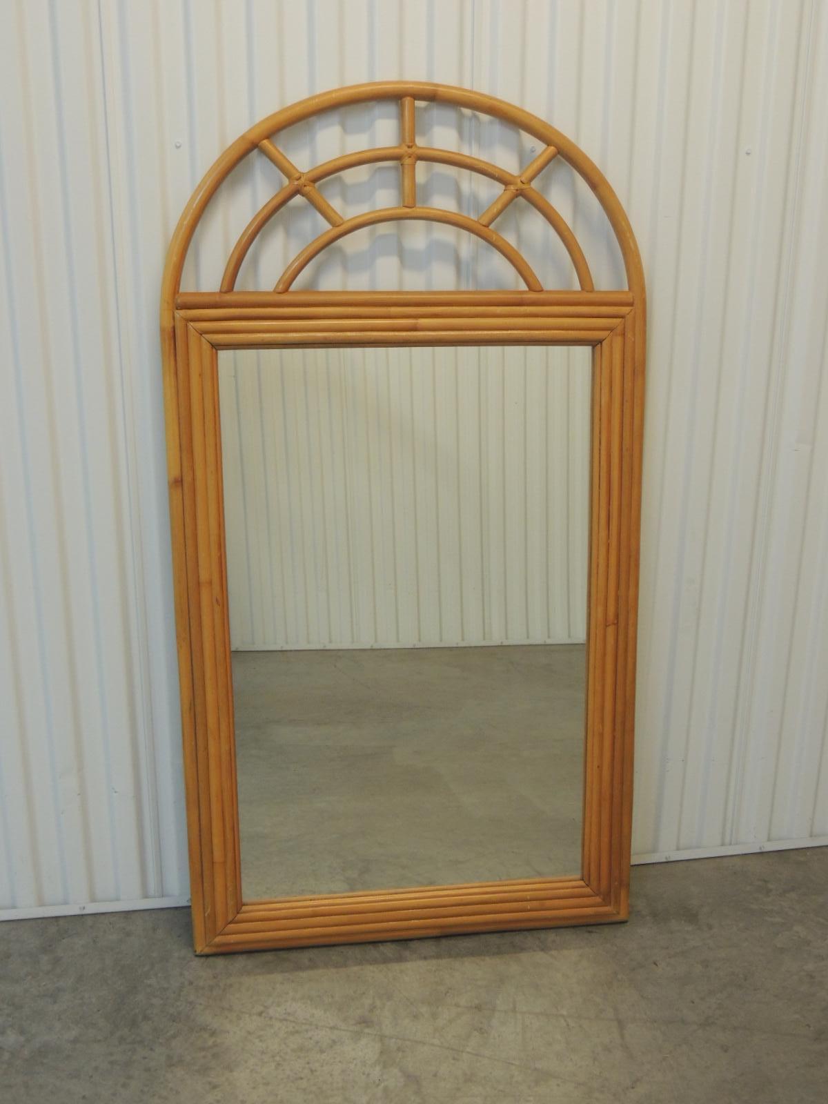 Vintage large bamboo mirror
Tall wall mirror with bended bamboo top
Handing crane in the bac
Size: 28 W x 51.25 H x 1.5 D.
 