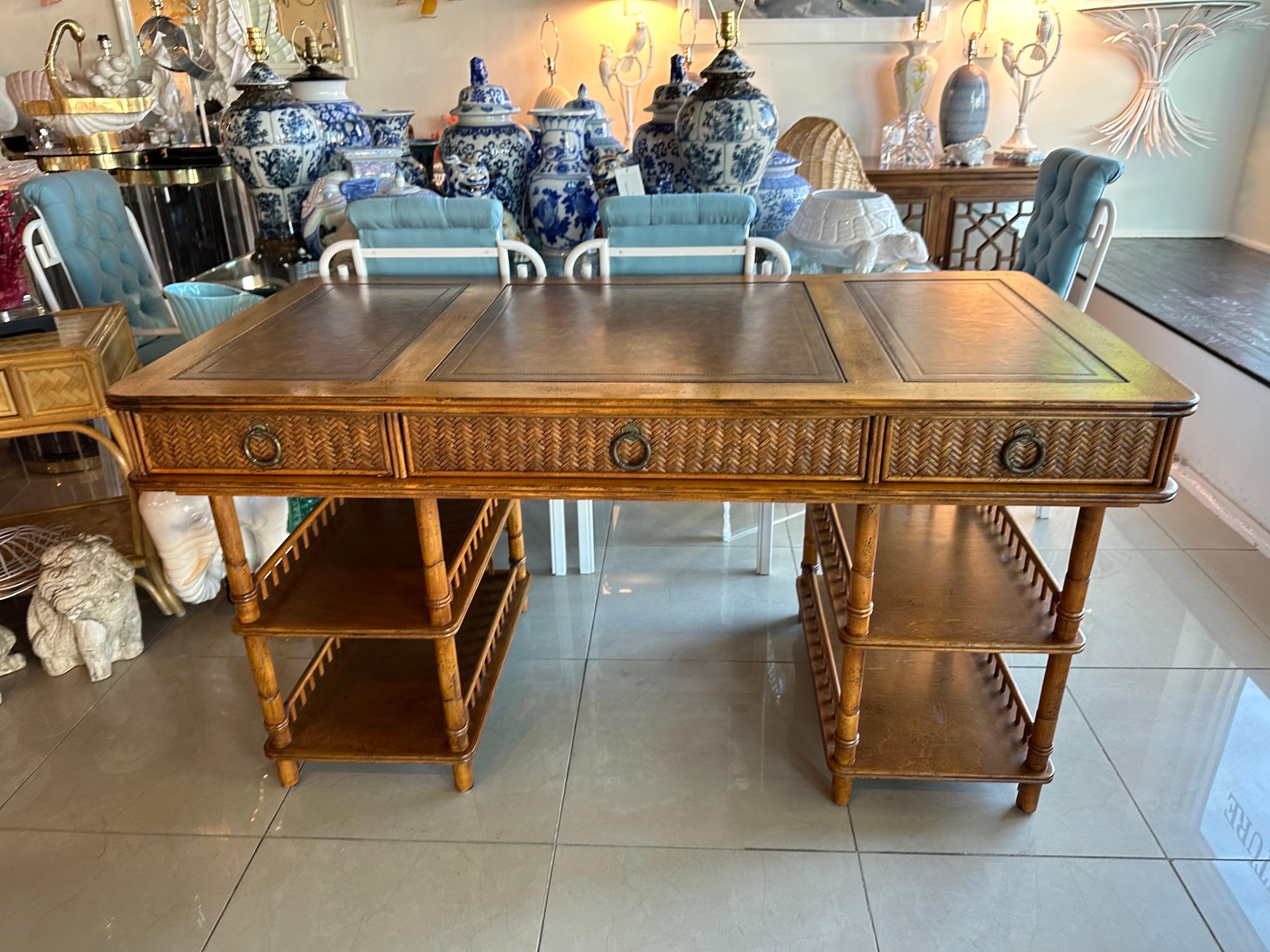 Vintage Large Bamboo Rattan Woven Wicker Leather Writing Desk In Good Condition In West Palm Beach, FL