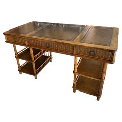 Vintage Large Bamboo Rattan Woven Wicker Leather Writing Desk
