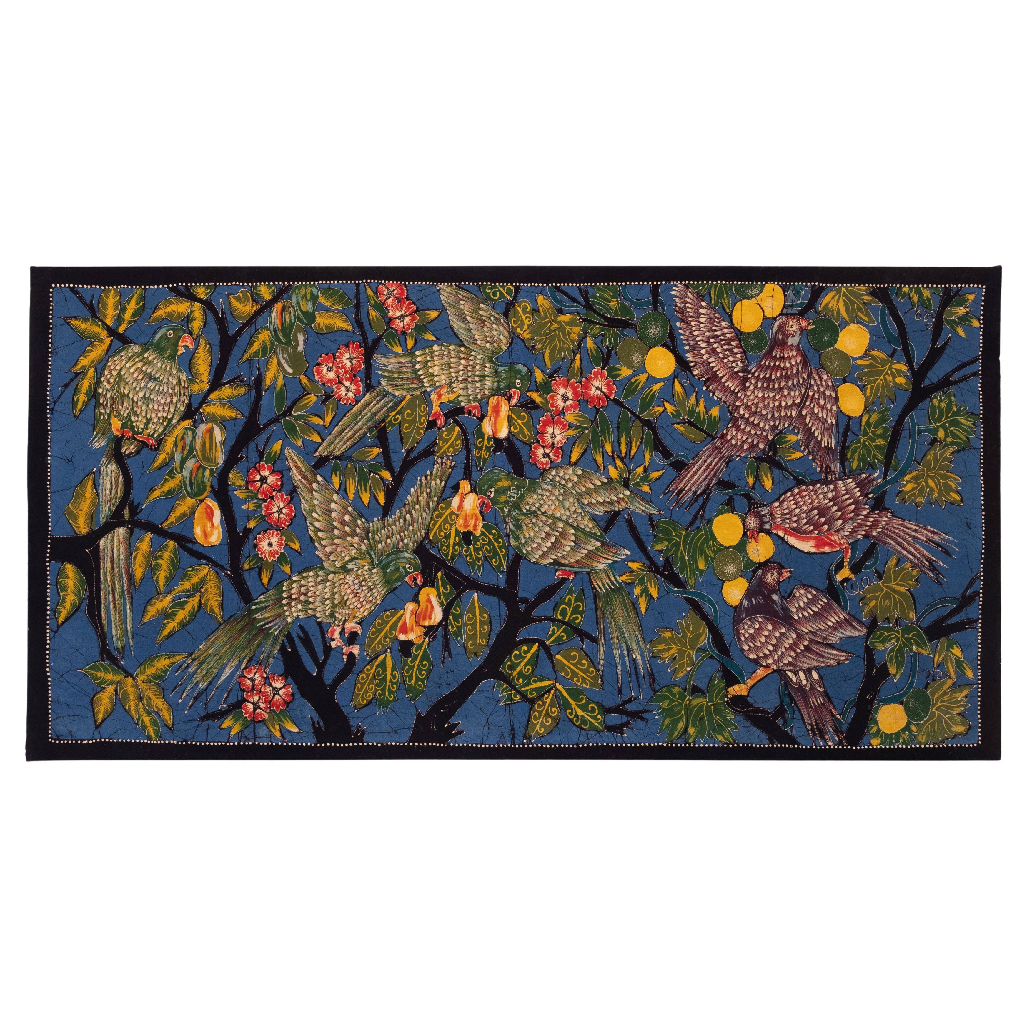 Grande peinture vintage Batik « Perroquets mangeant des fruits »   1960s  en vente