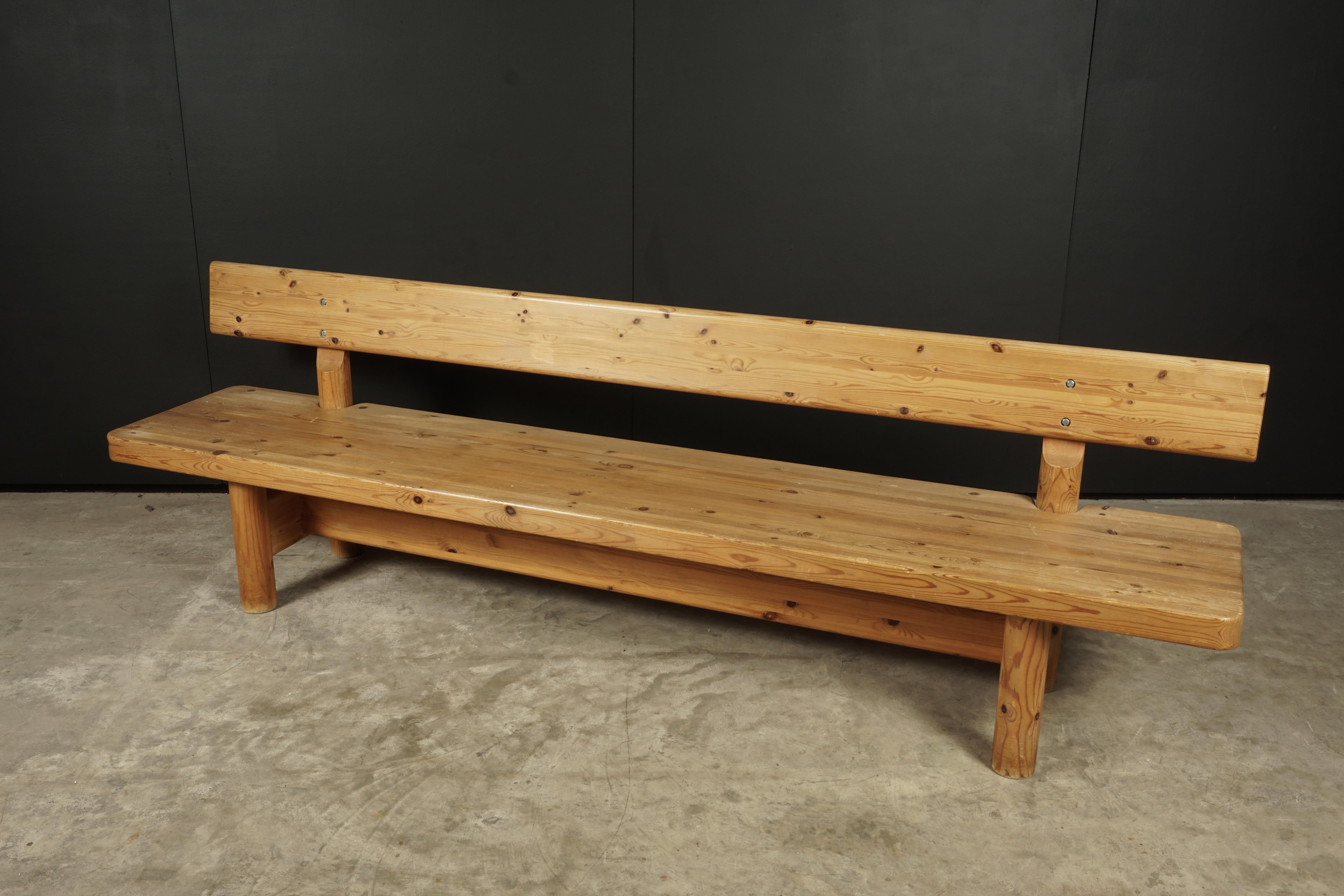 Vintage large bench designed by Rainer Daumiller, Denmark, 1970s. Solid pine construction with light wear and patina. Manufactured by Hirtshals Savværk.