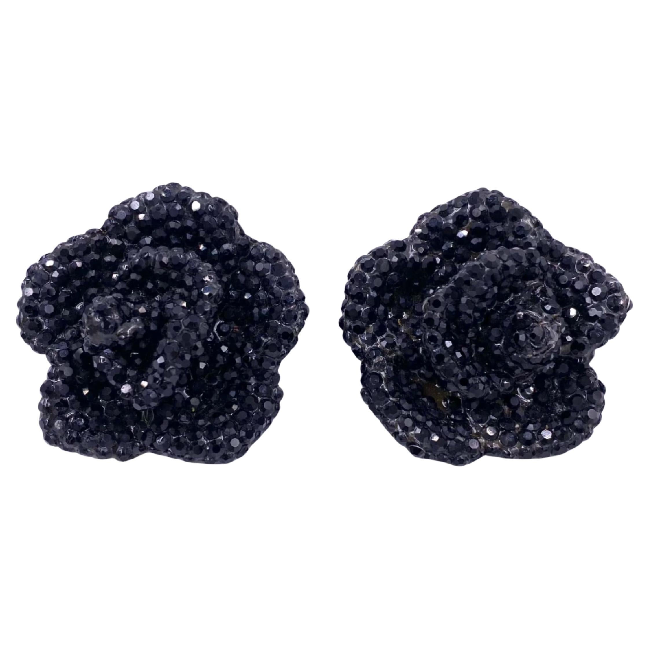 Vintage Large Black Stone Rose Clip-On Earrings For Sale
