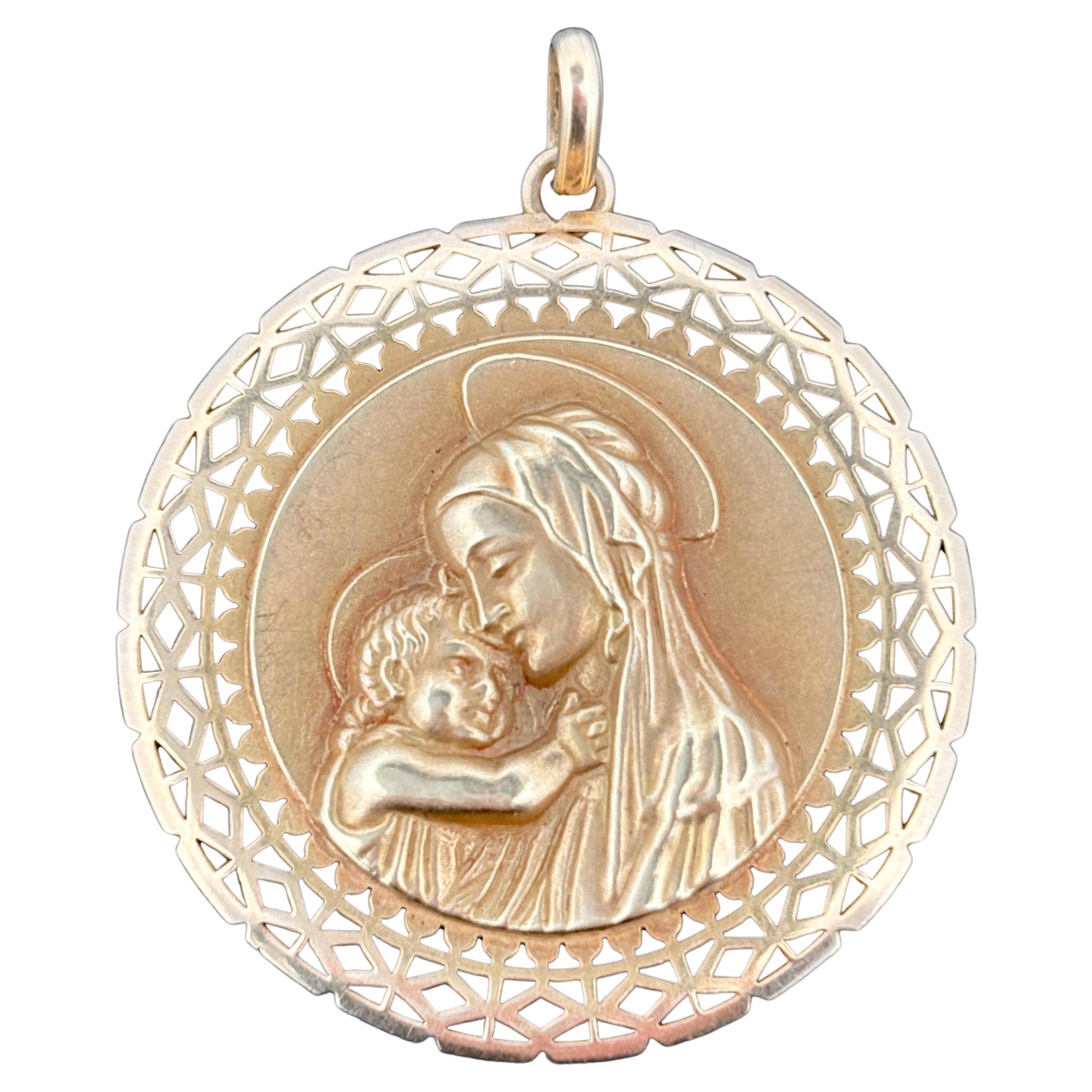 Ciondolo grande vintage della Beata Vergine Maria in oro giallo 18k - 36 mm