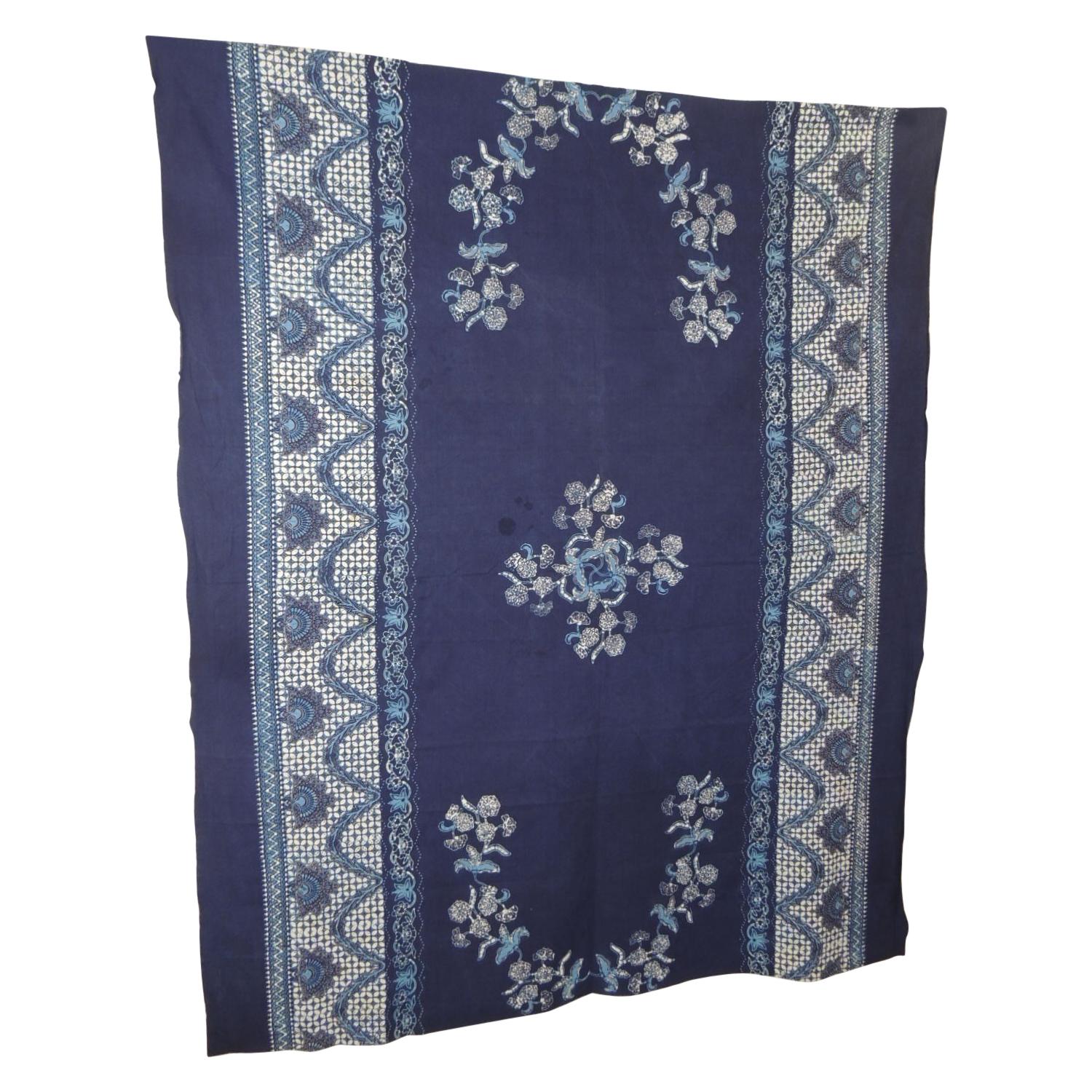 Vintage Large Blue and White Hand-Blocked Indian Batik Textile