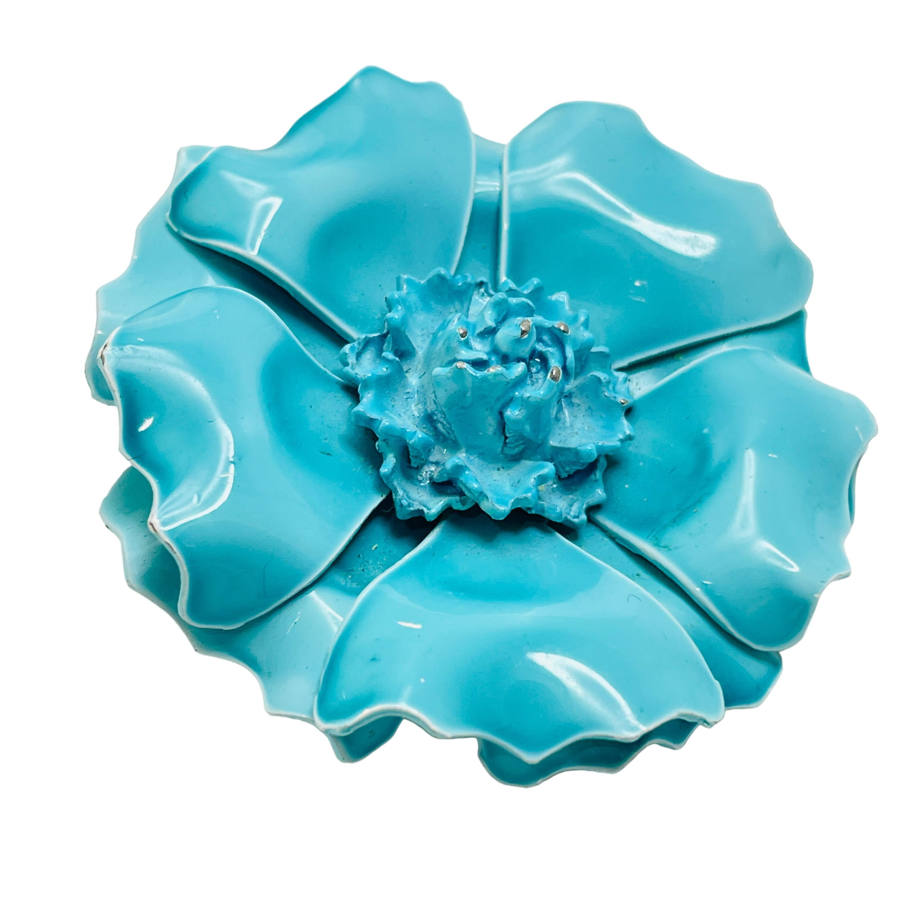 Women's or Men's Vintage large blue enamel flower brooch For Sale