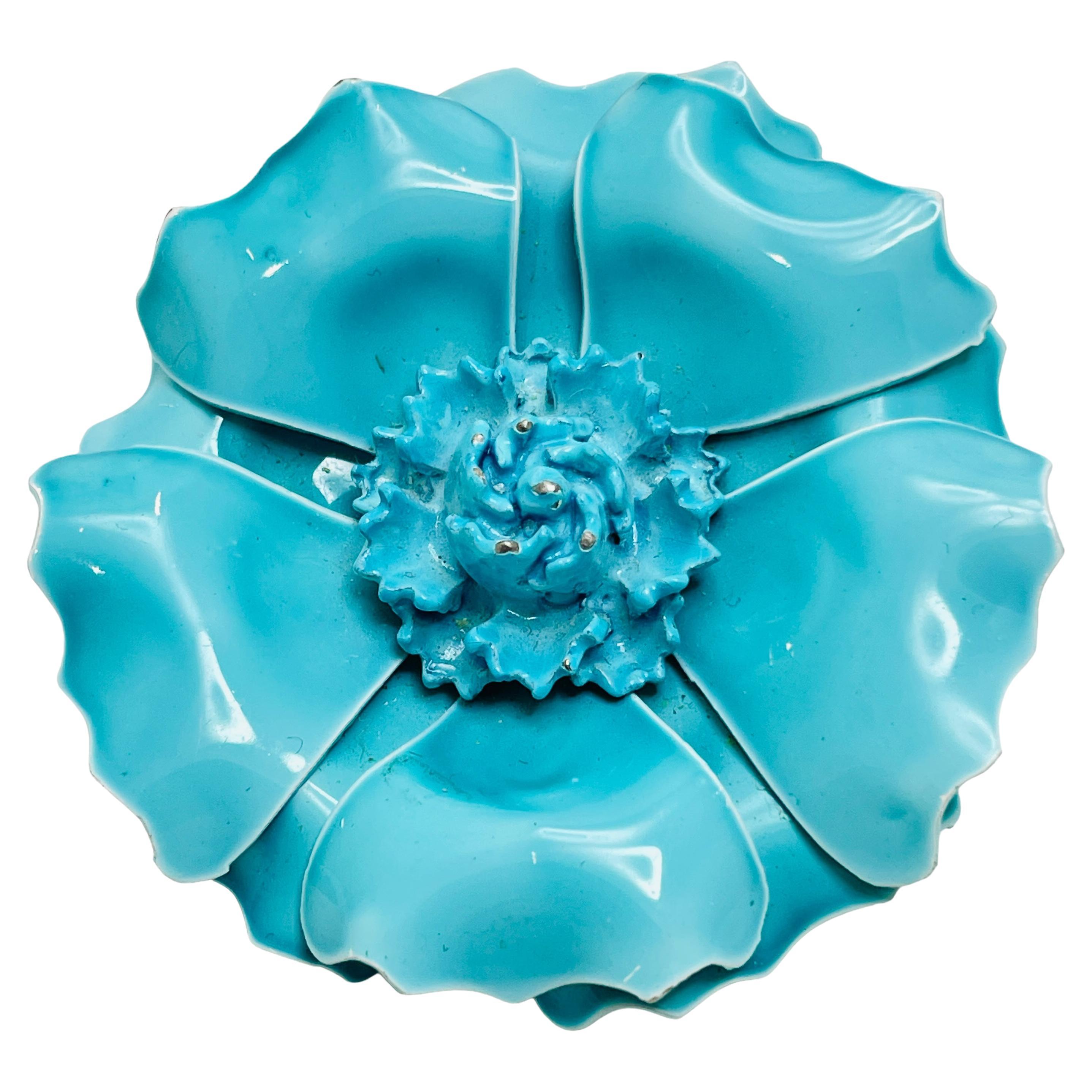 Vintage large blue enamel flower brooch For Sale