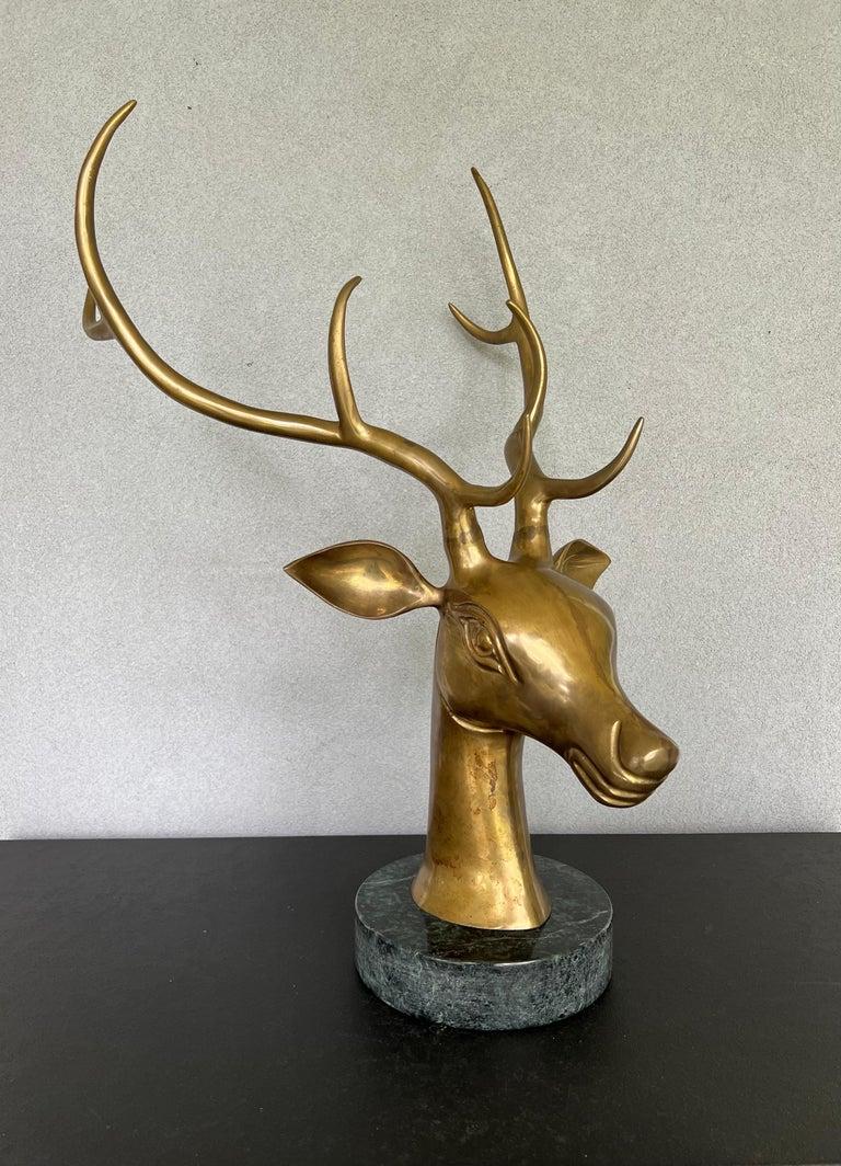Mid-Century Modern Vintage Large Bronze Stag Head on Marble Base For Sale